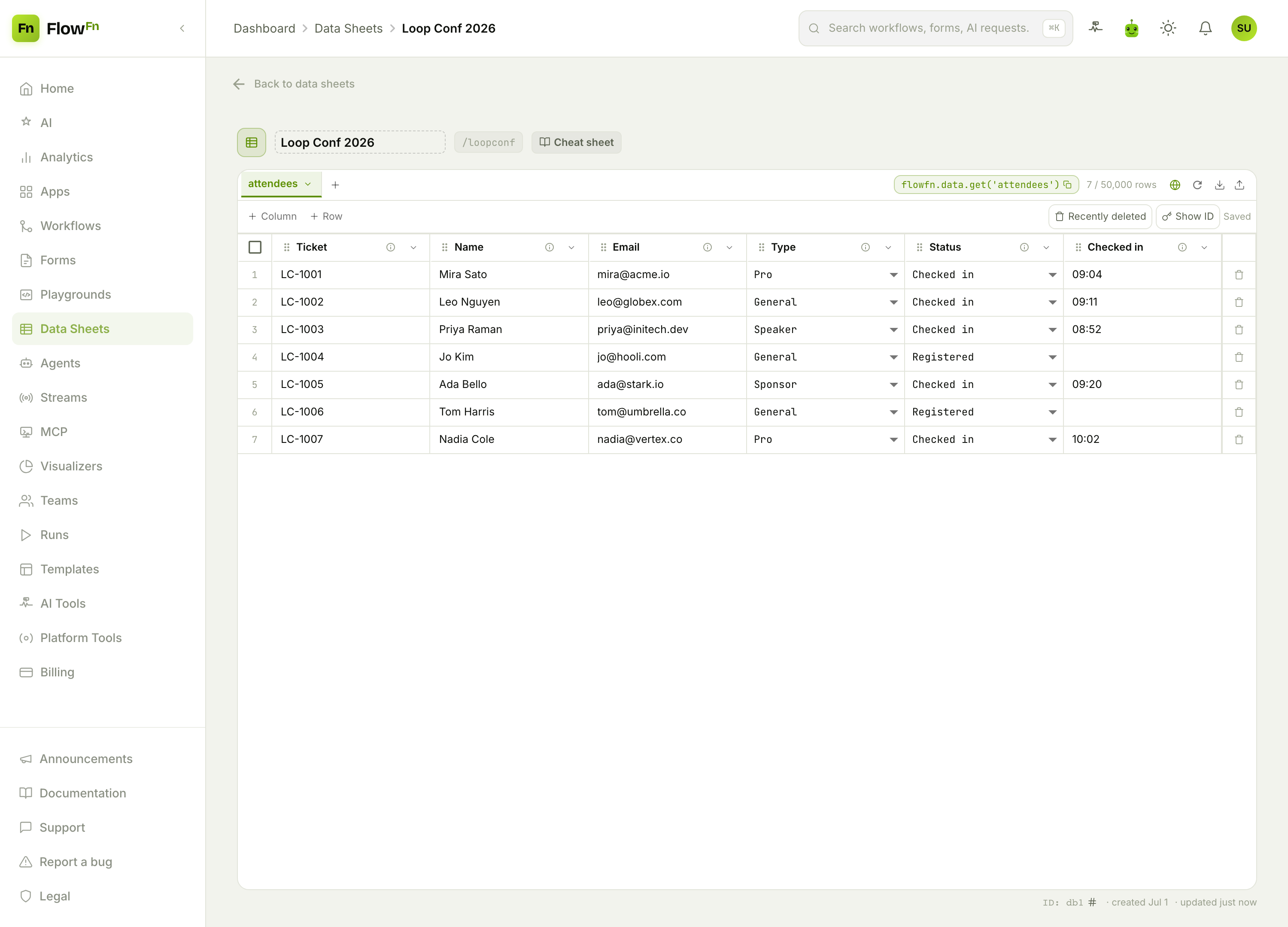 The attendees Data Sheet — ticket, name, email, type, status, and check-in time