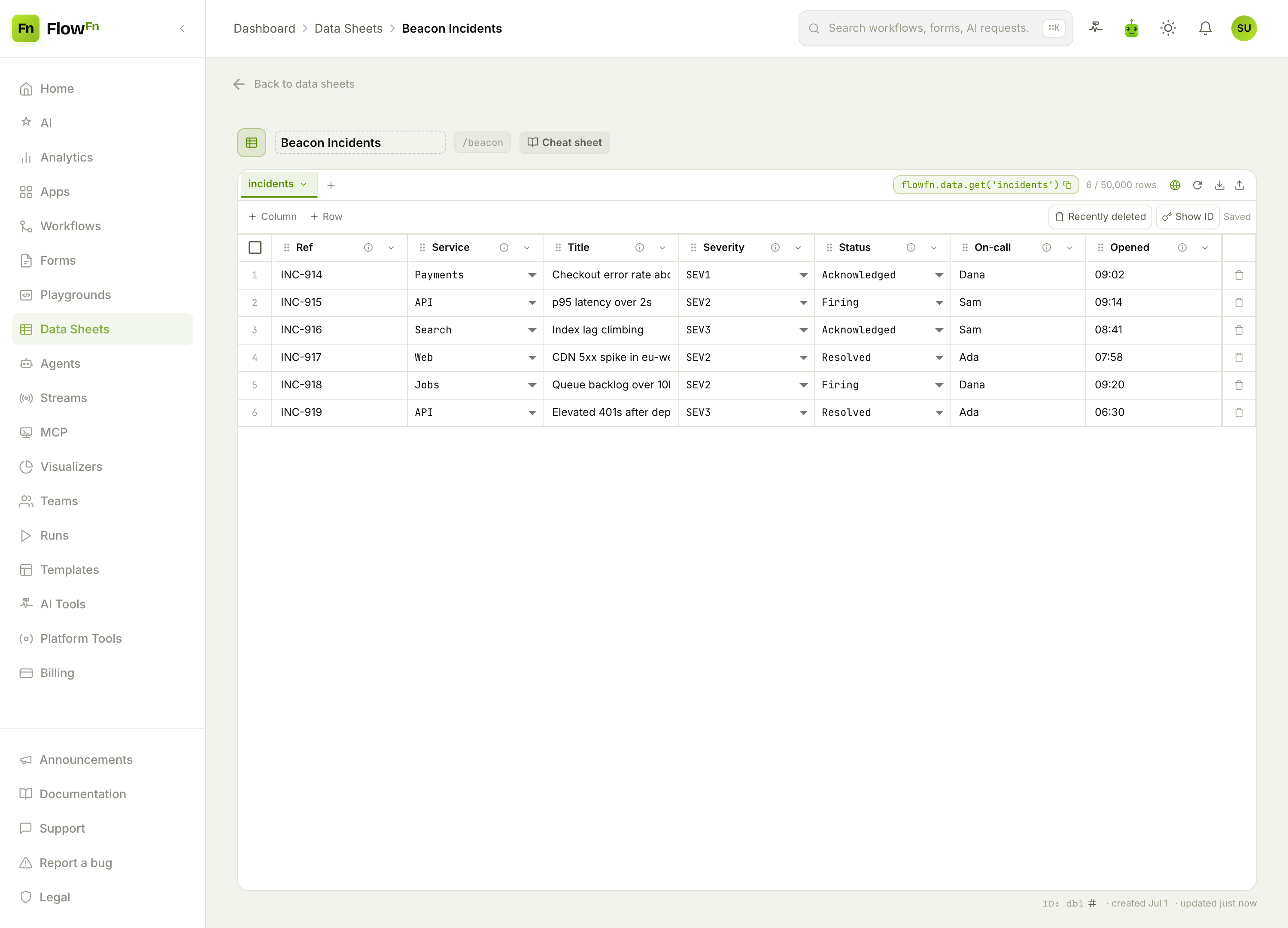 The incidents Data Sheet — service, title, severity, status, and on-call owner