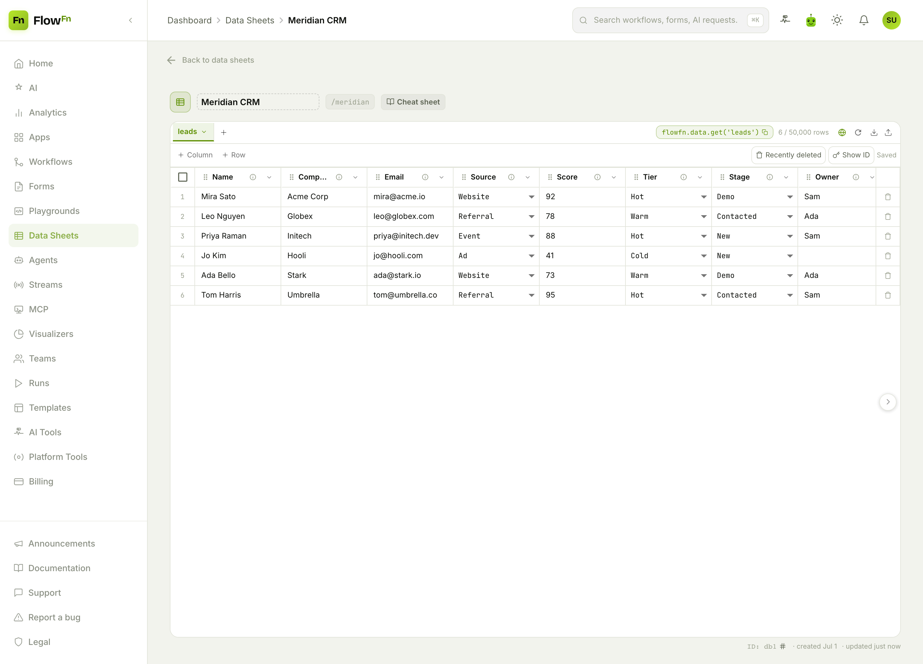 The leads Data Sheet with score, tier, stage, and owner