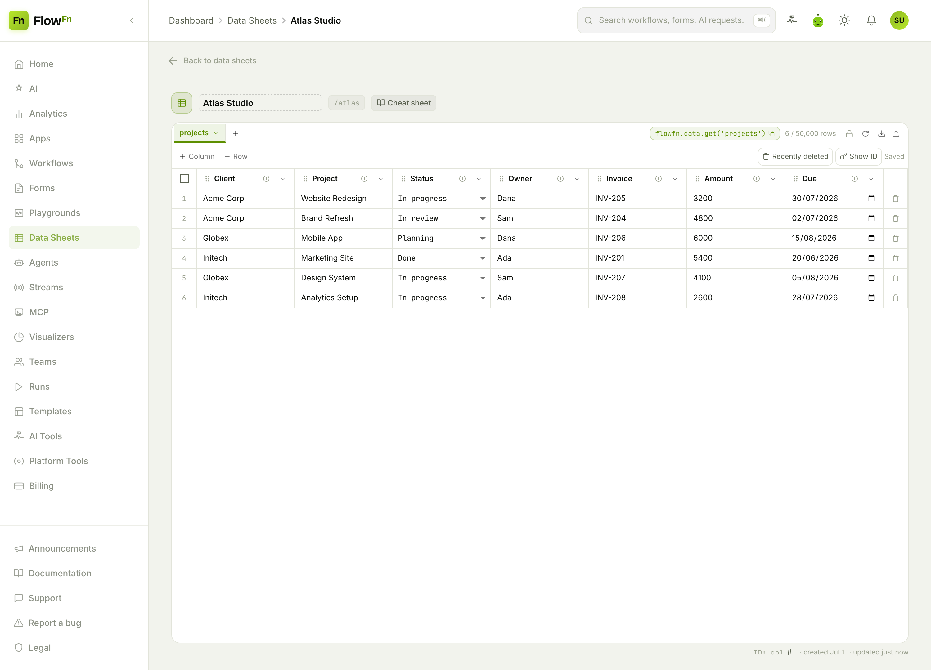 The Atlas Studio projects Data Sheet — projects and invoices across all clients, tagged by client
