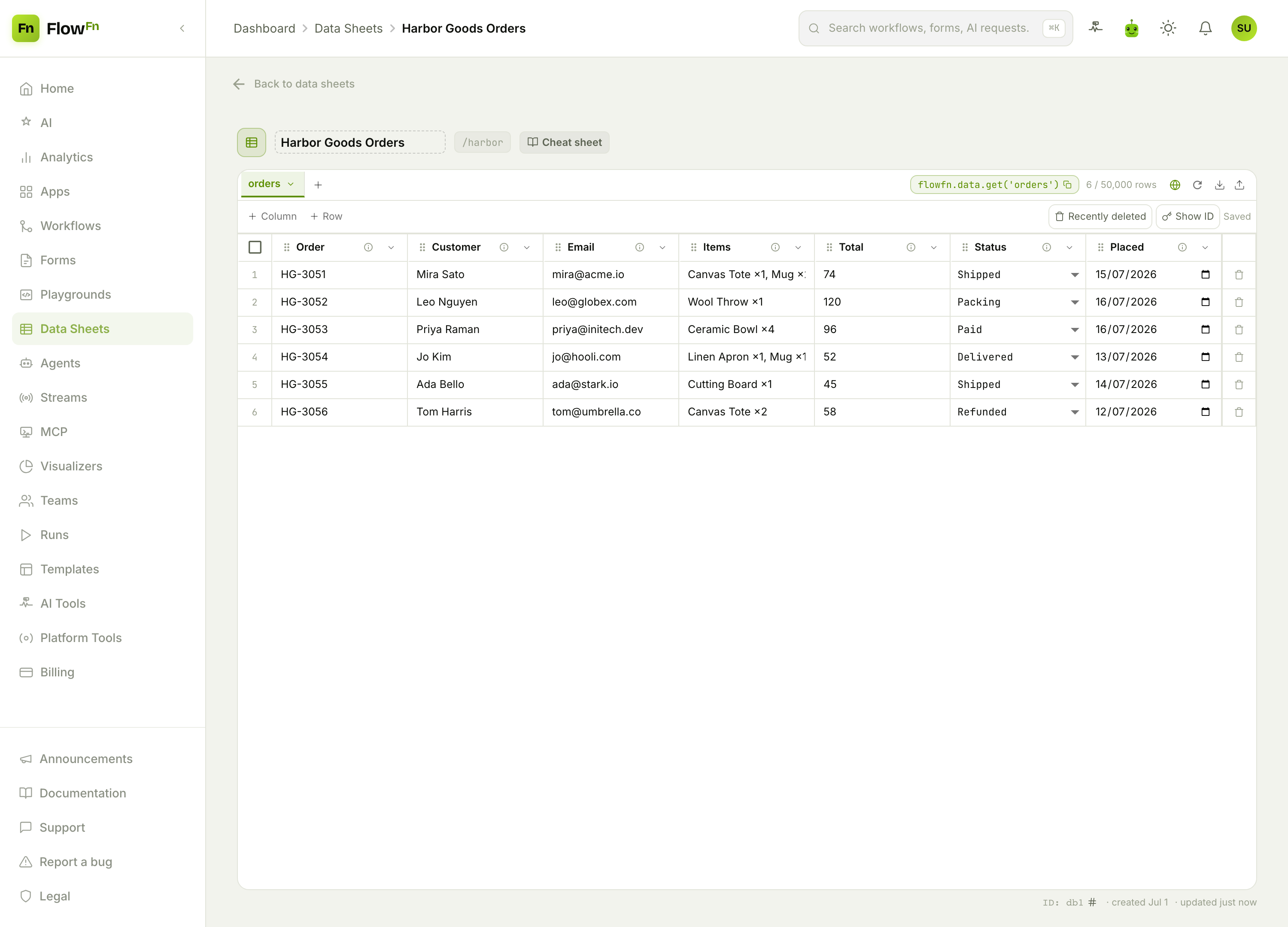 The orders Data Sheet — order ID, customer, items, total, status, and date