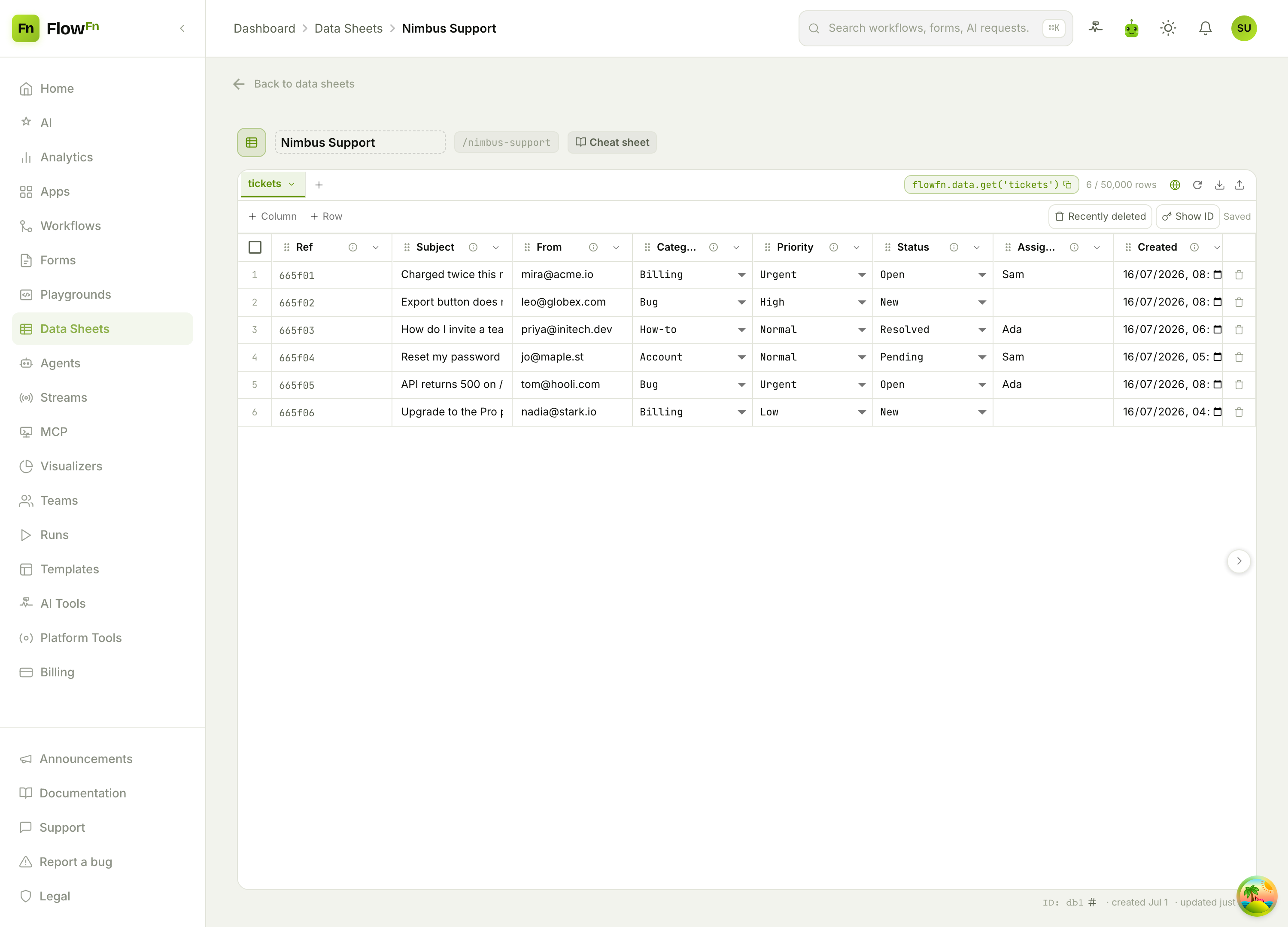 The tickets Data Sheet with subject, from, category, priority, status, and assignee