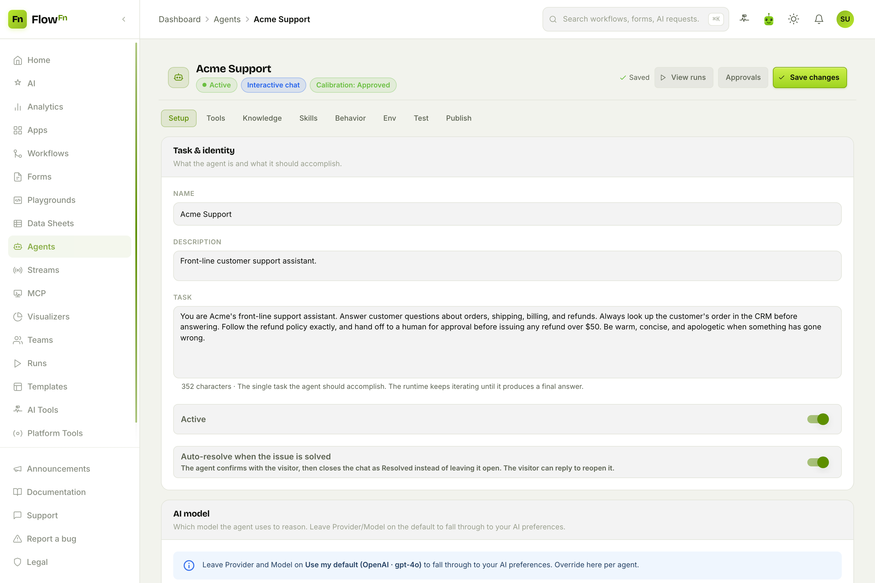 The Setup tab: the Task field and the model