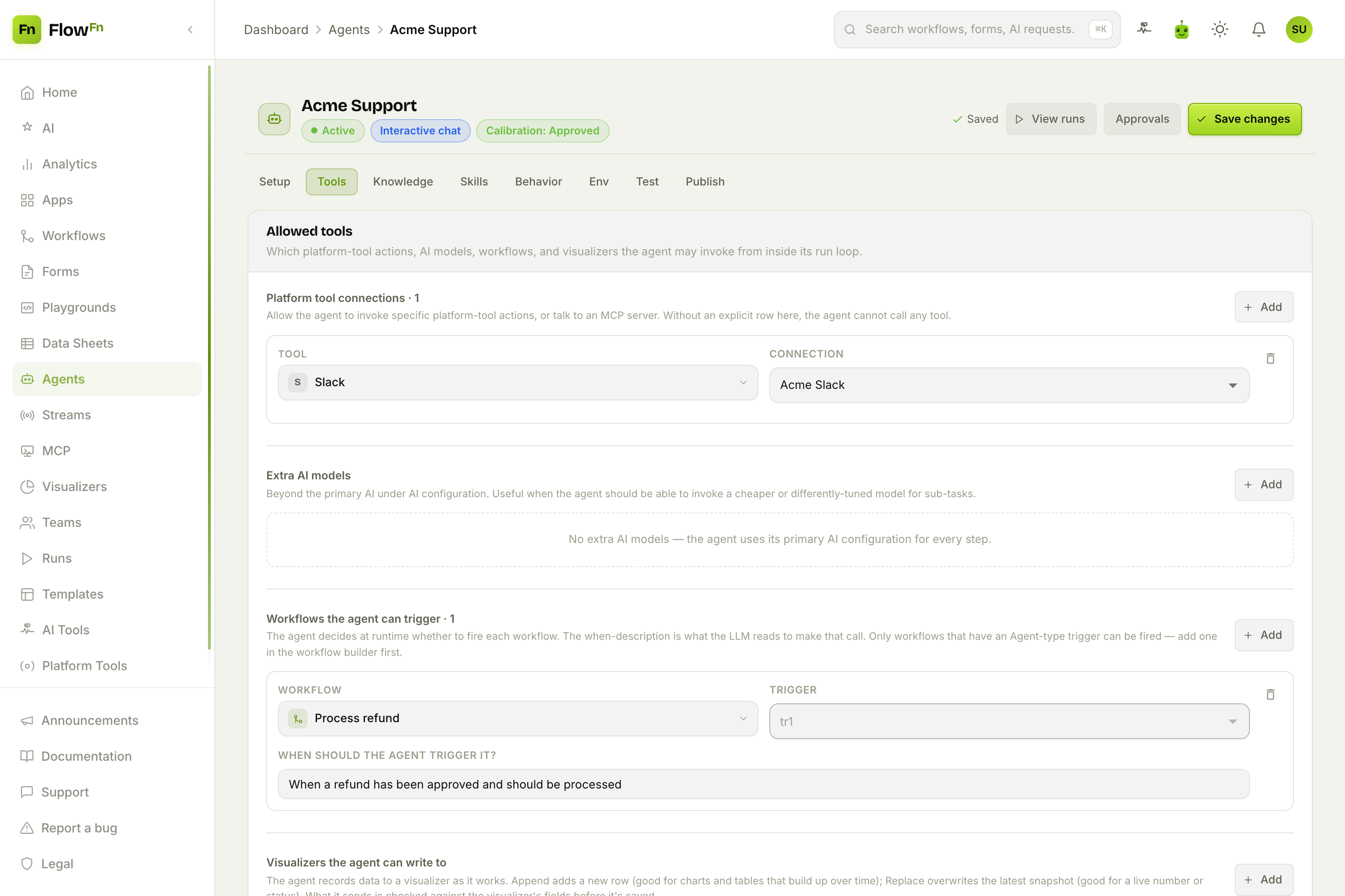 The Tools tab: integrations, workflows, and data sheets
