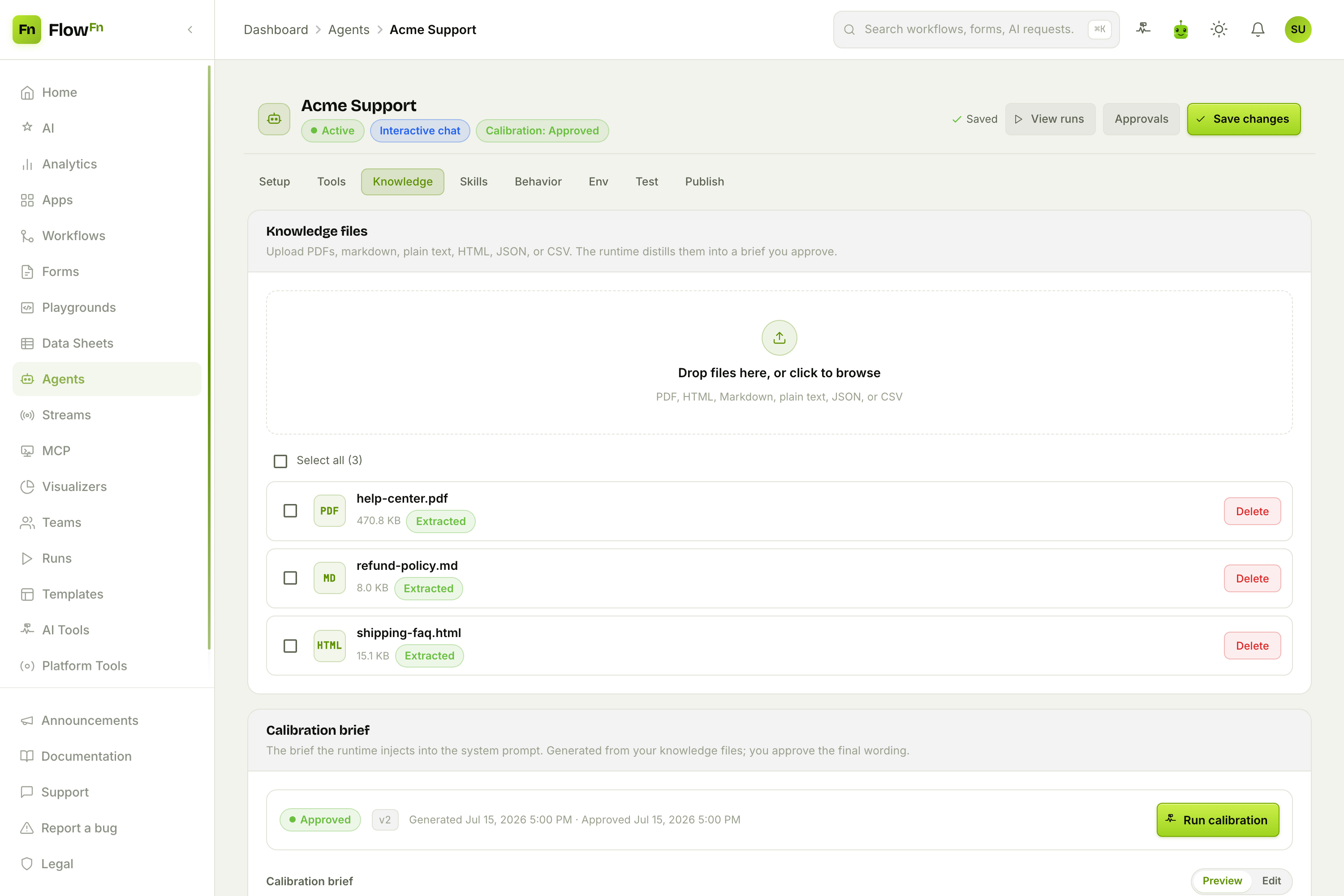The Knowledge tab: support files and the calibration brief