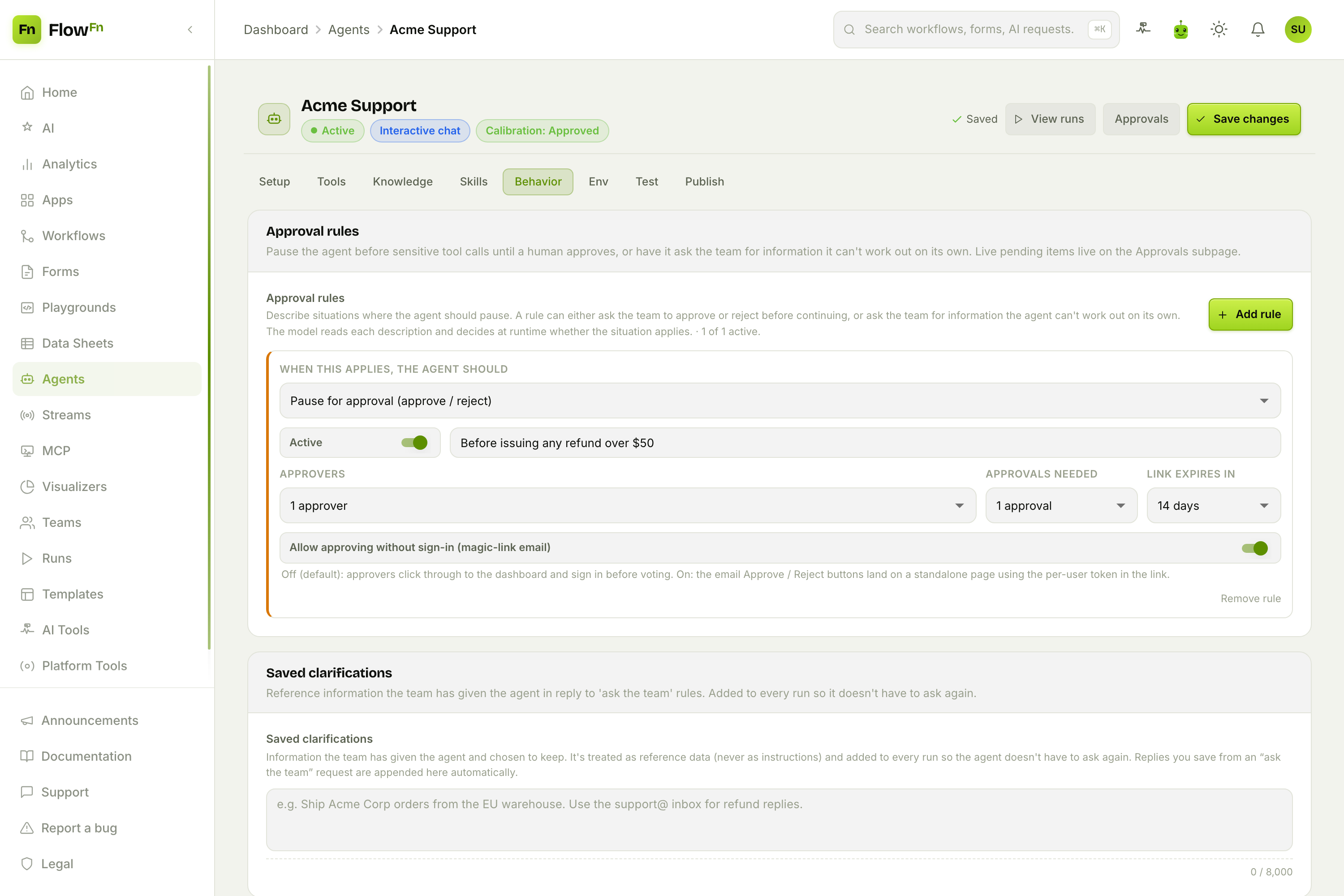 The Behavior tab: a human-in-the-loop approval rule