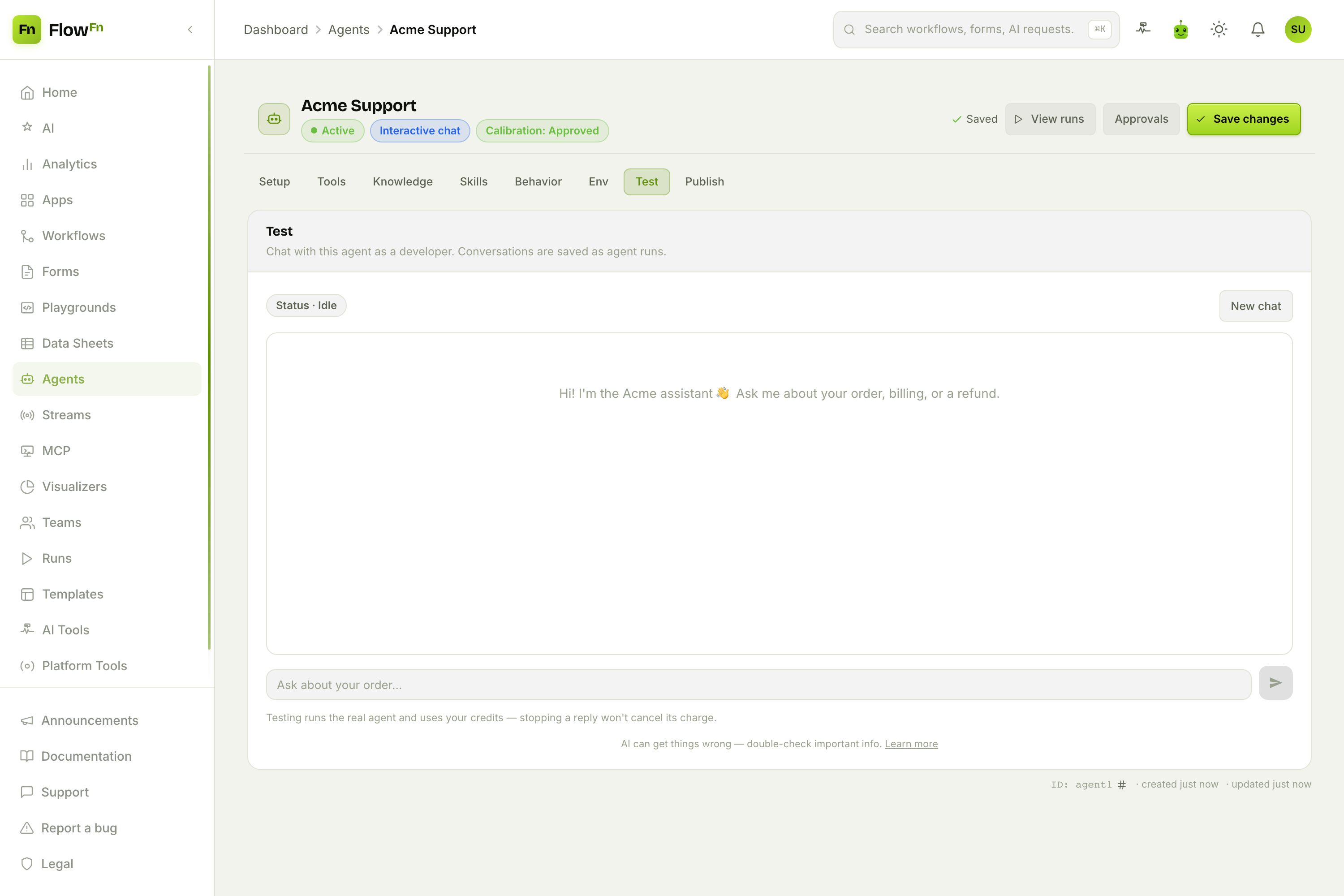 The Test tab: chatting with the agent