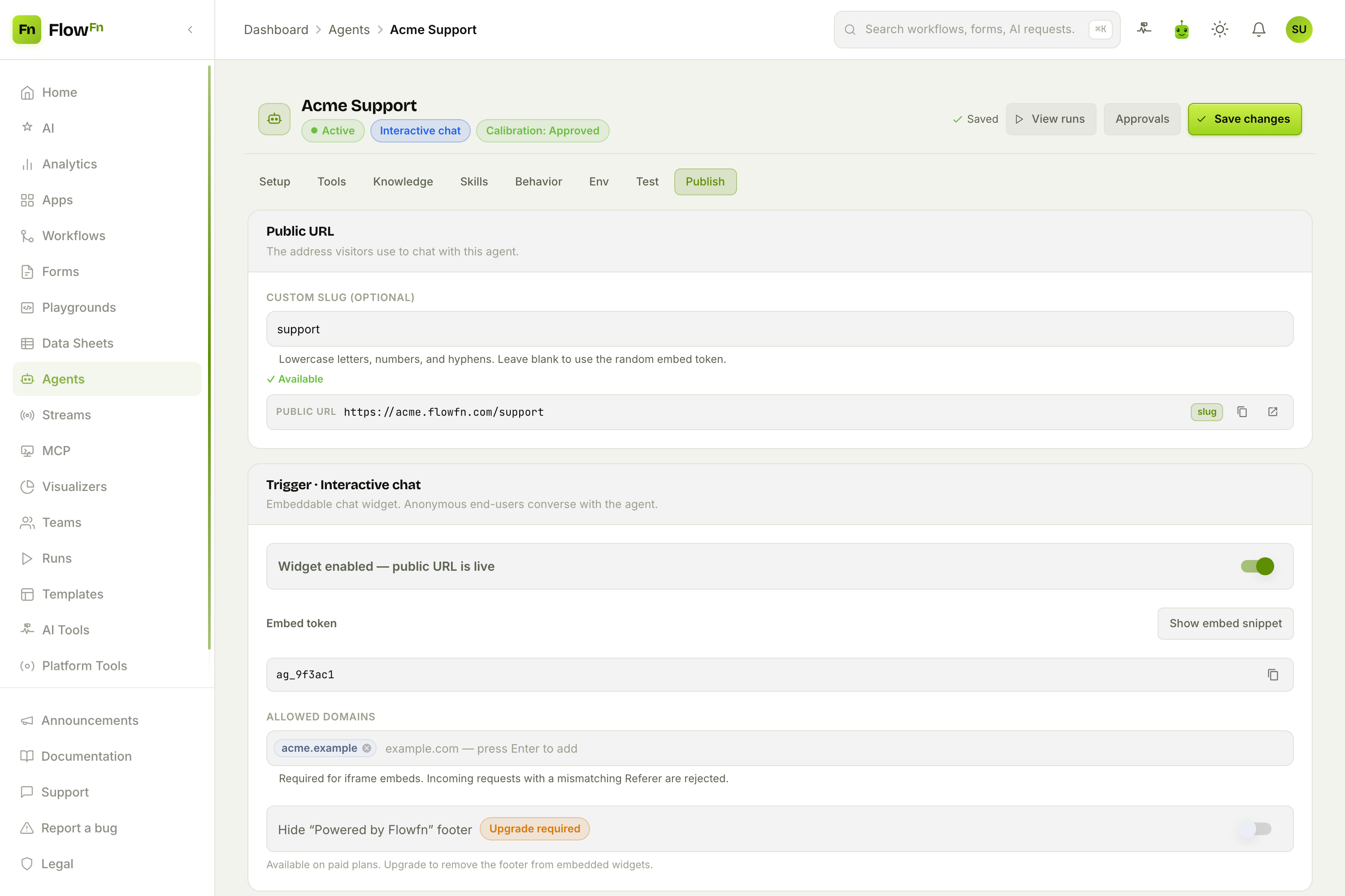The Publish tab: the embeddable chat widget