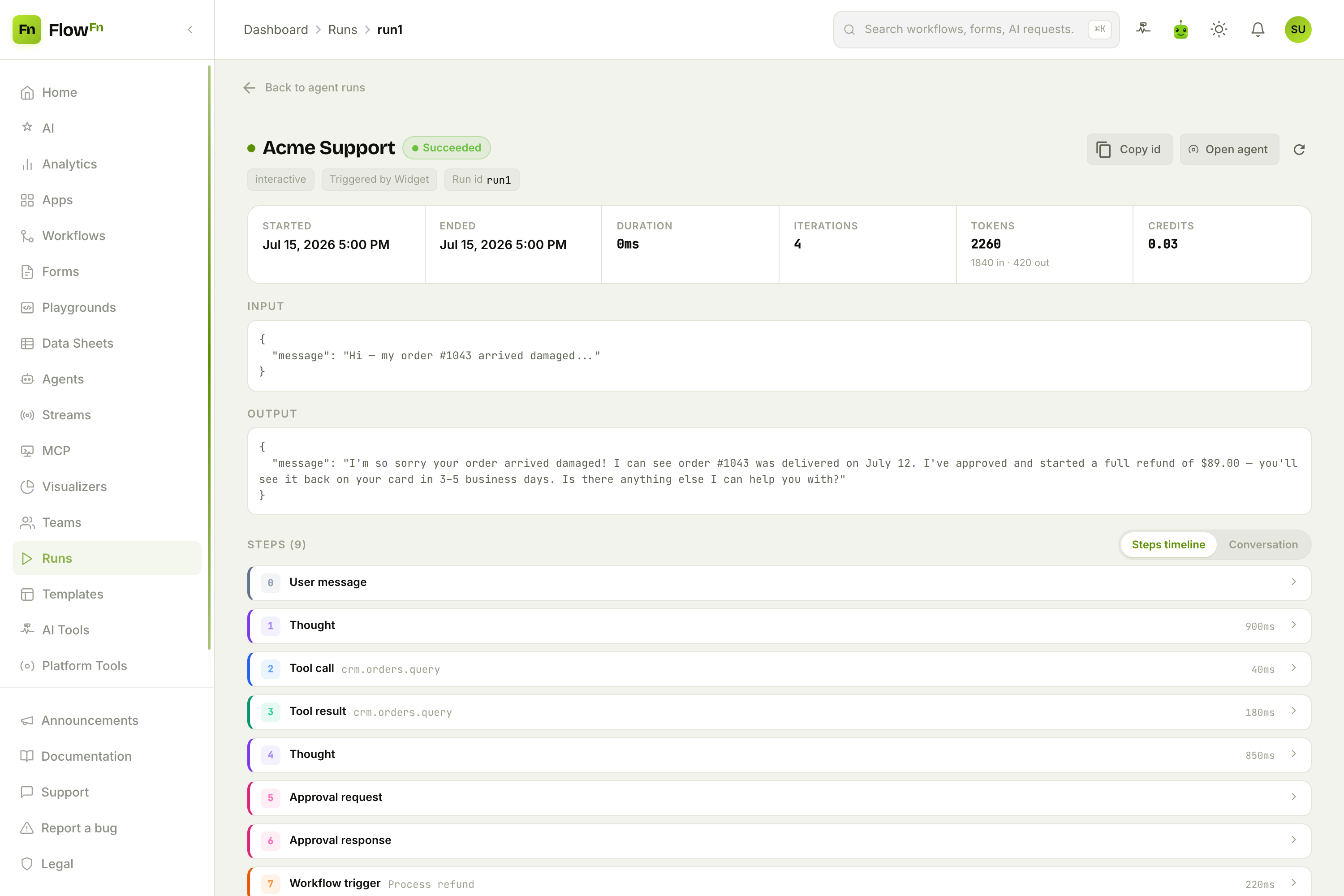 An agent run: the reason-act loop with tool calls and an approval