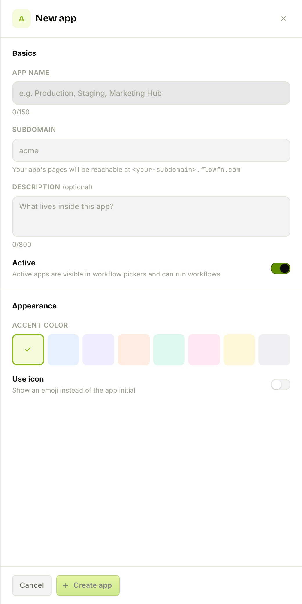 The New app drawer: name, subdomain, description, accent color