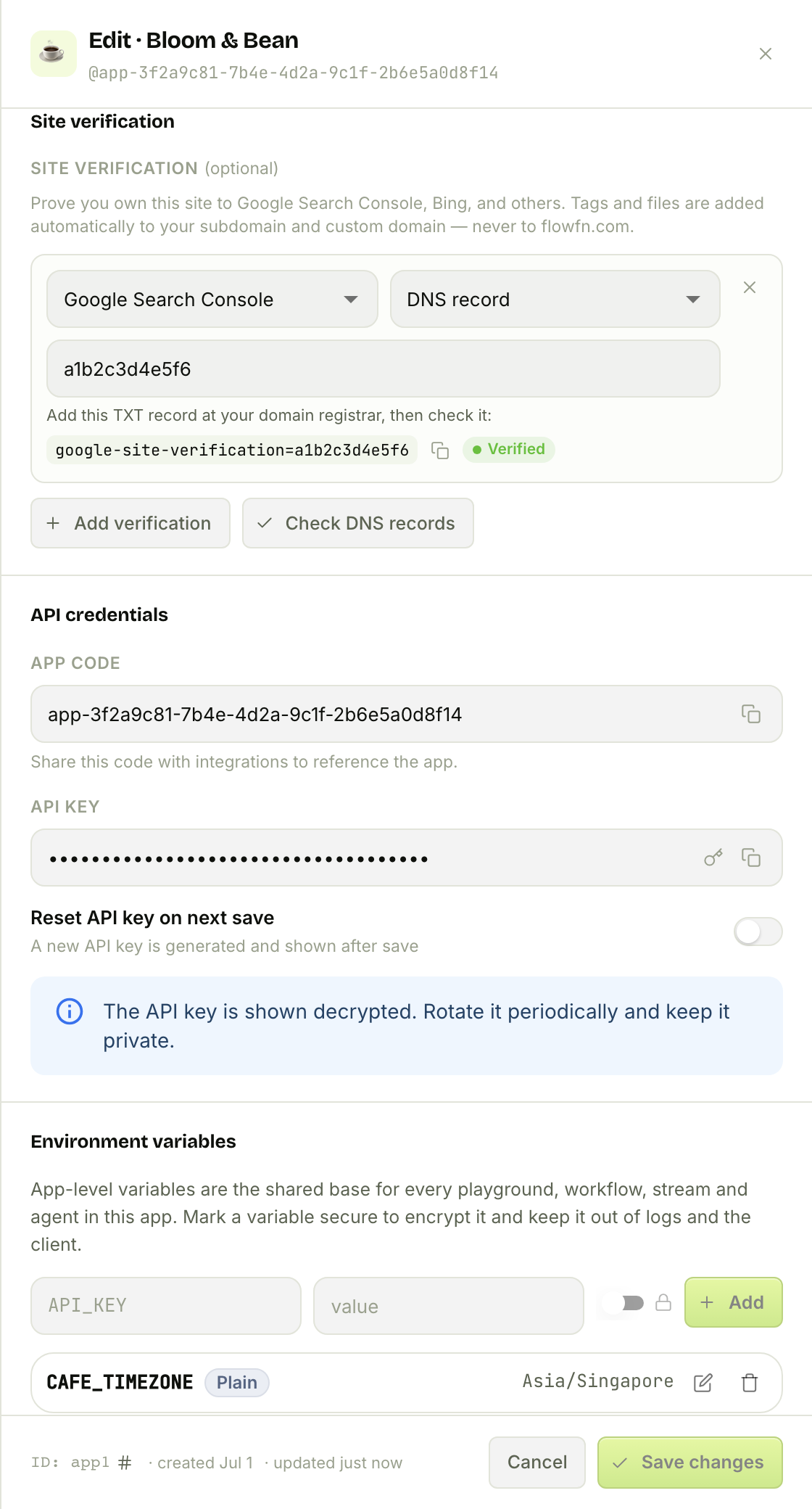The Site verification section with a verified Google DNS record