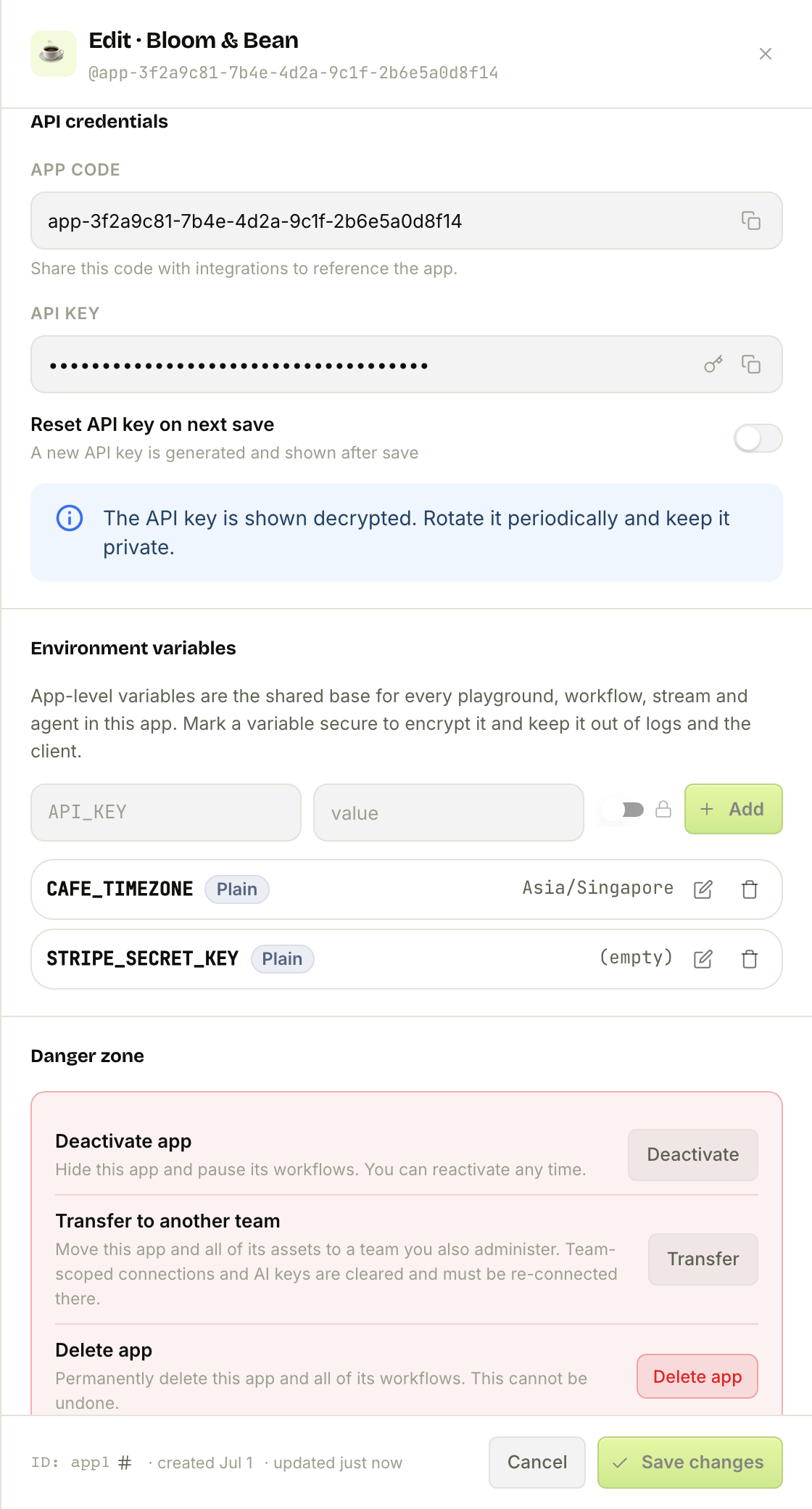 The API credentials, environment variables, and danger zone