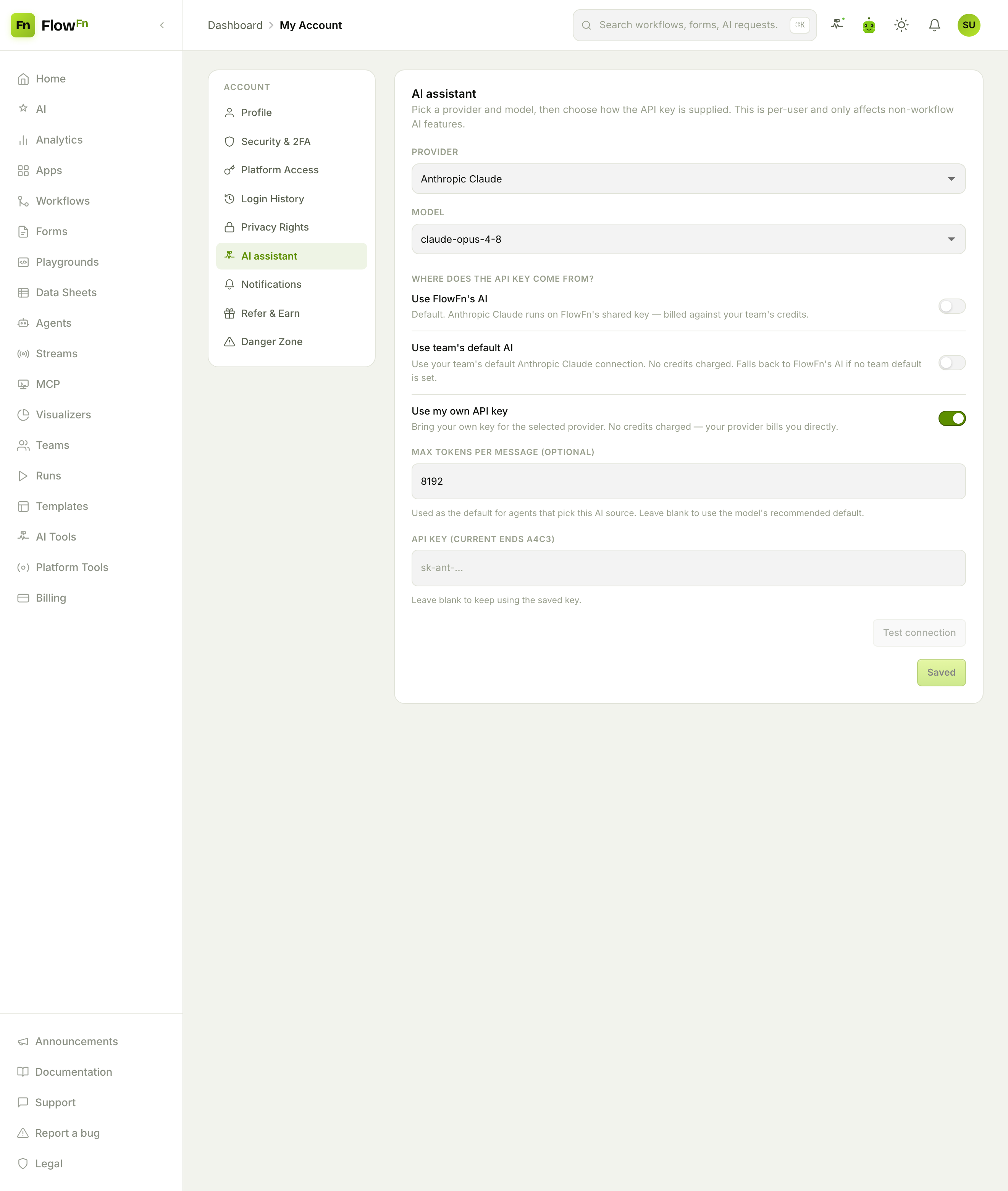 The AI assistant preferences: provider, model, and where the key comes from