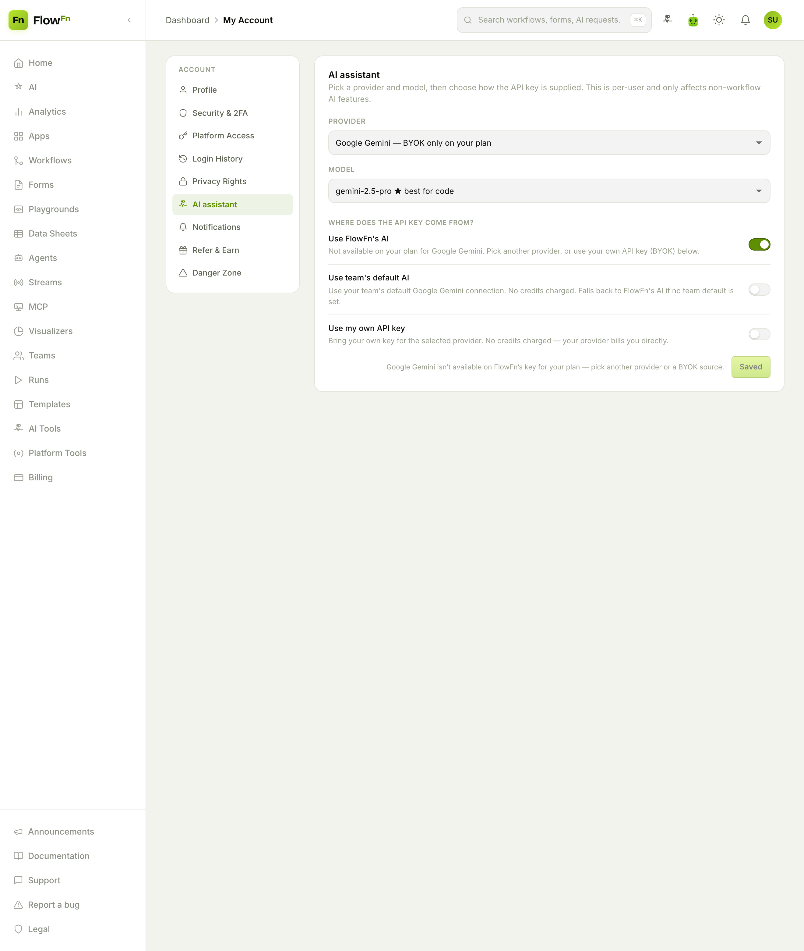 The AI assistant pane showing a provider that's BYOK-only on the plan