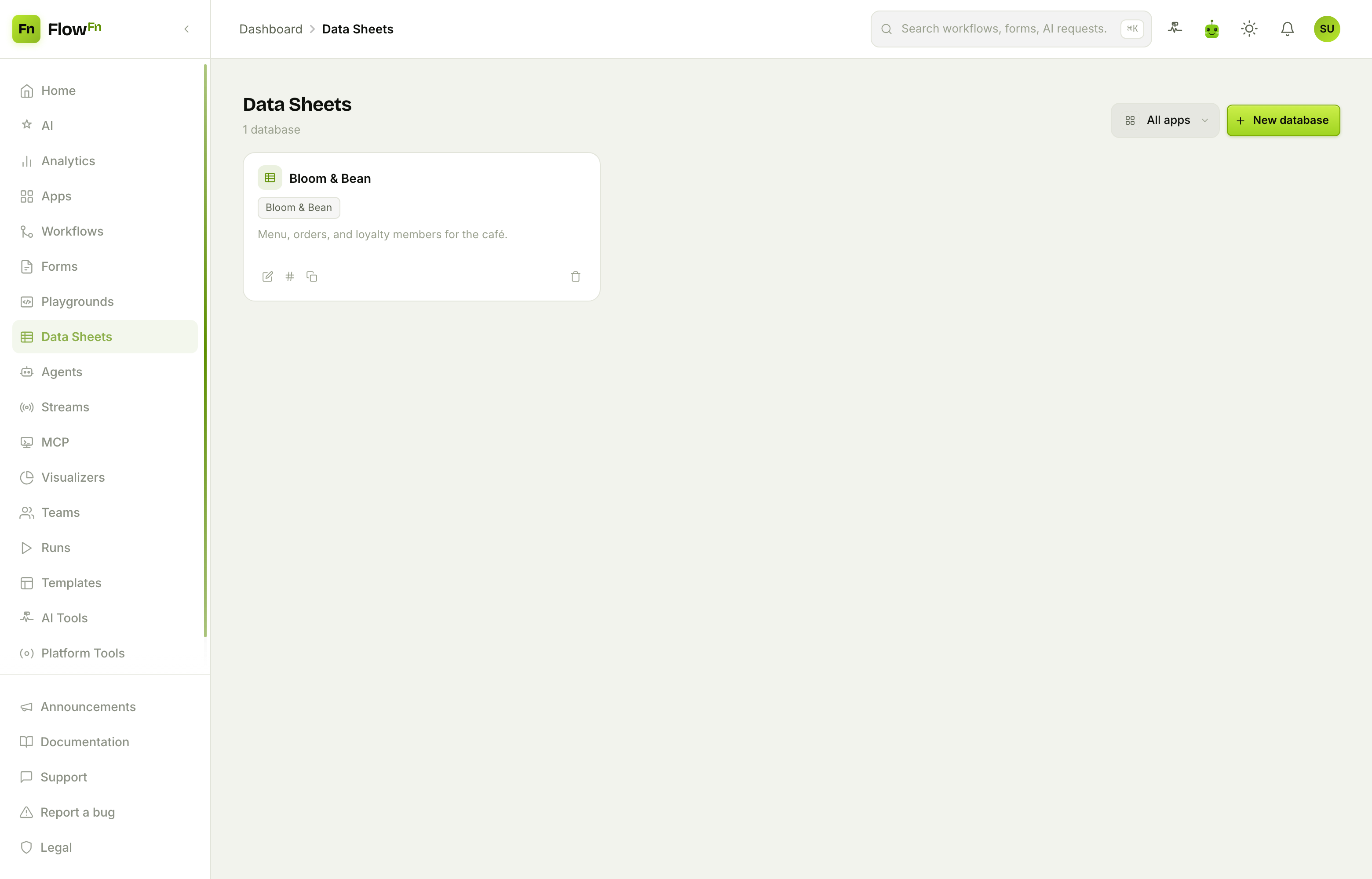 The Data Sheets list with the Bloom & Bean database card