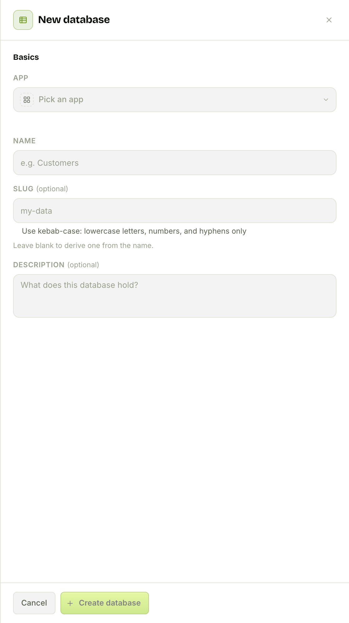 The New database drawer