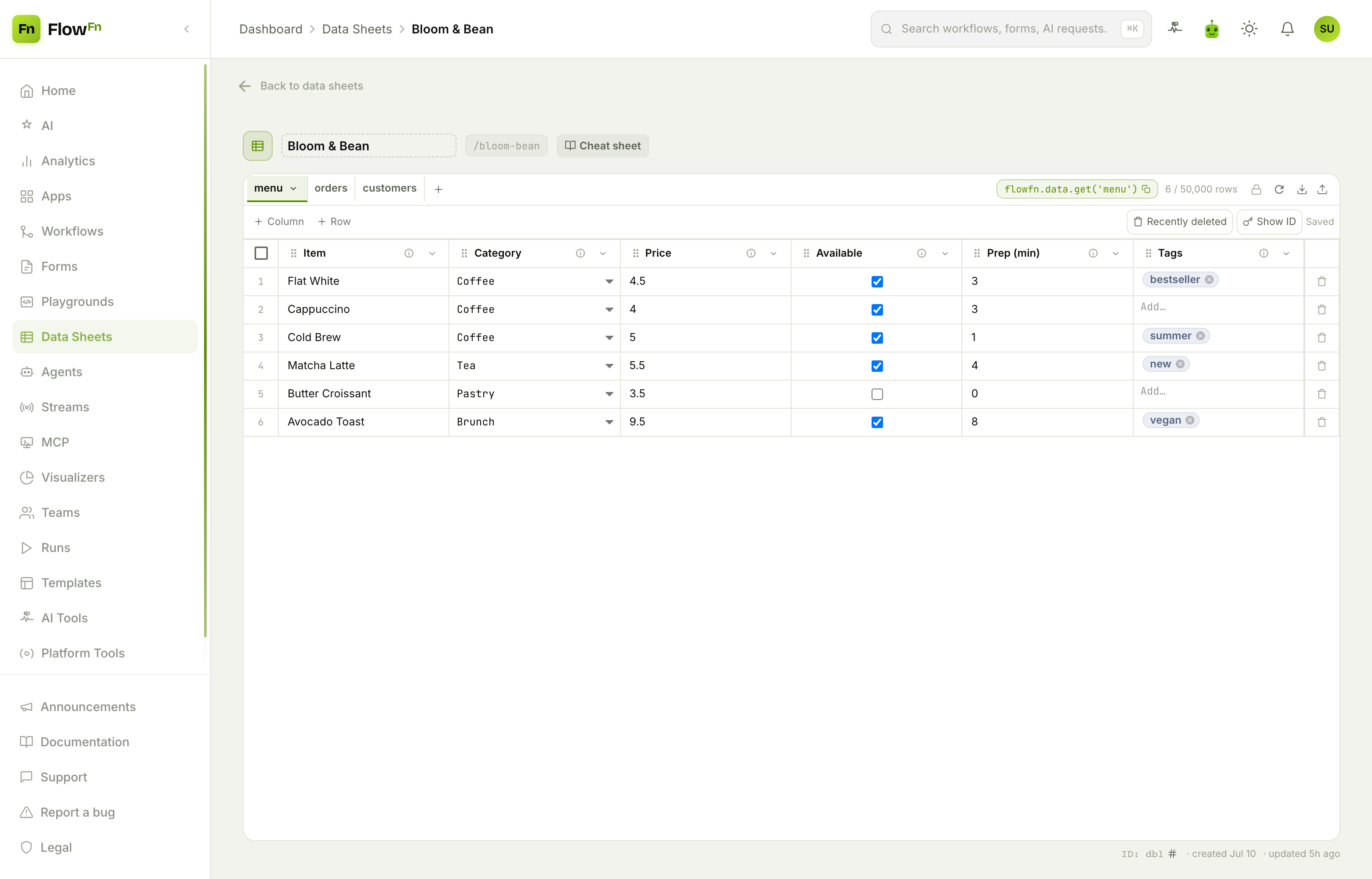 The menu sheet: text, select, currency, boolean, number, and list columns