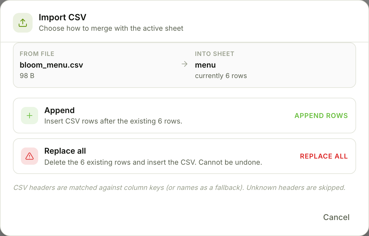 The Import CSV dialog: append or replace all