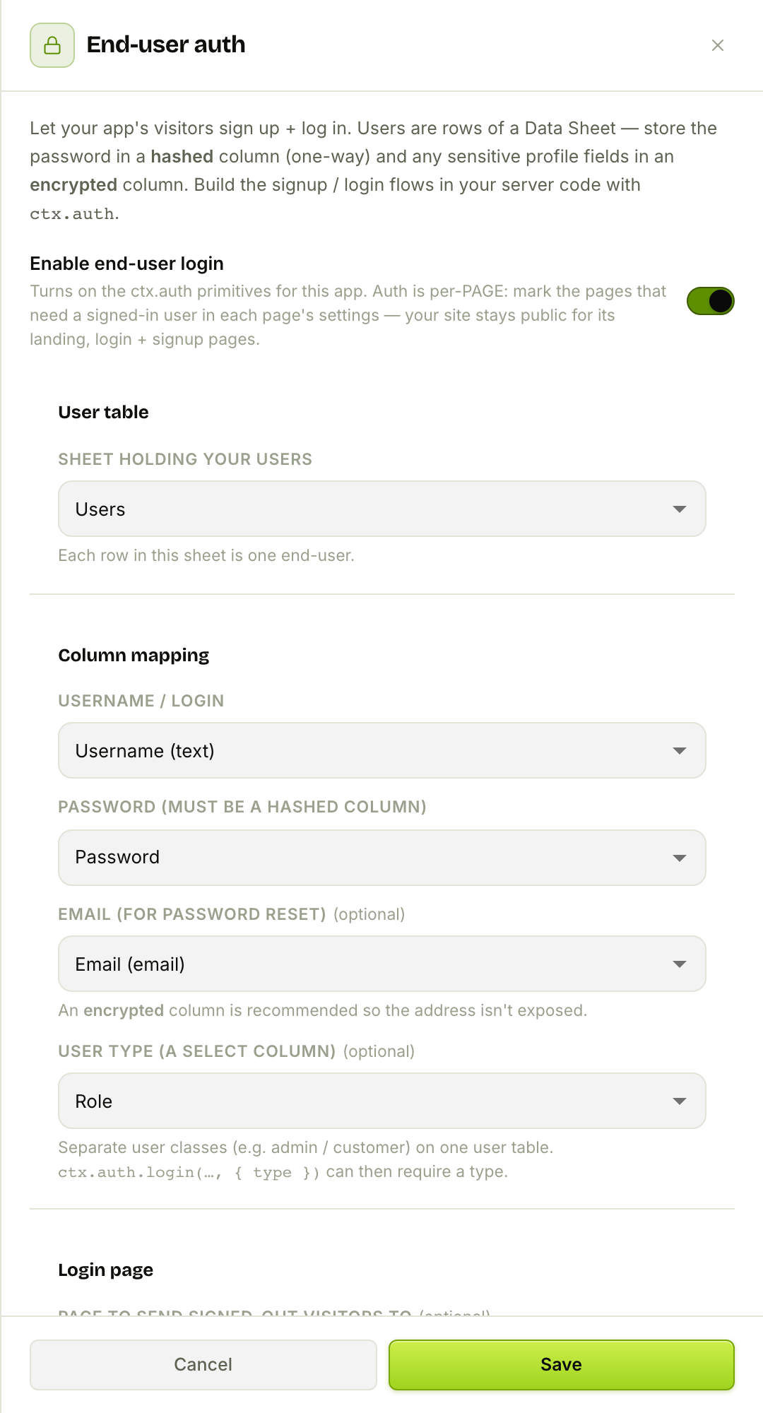 The End-user auth config drawer: enable, user sheet, column mapping