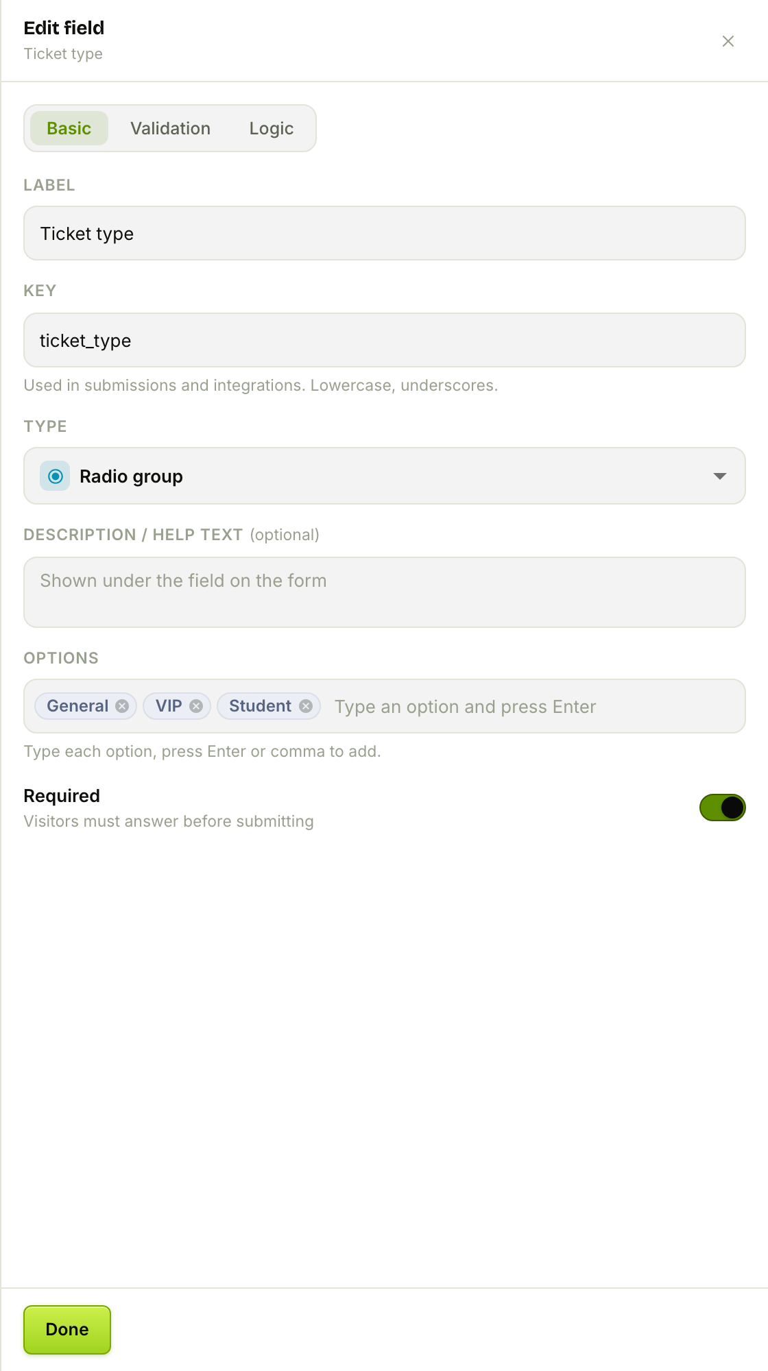 The field config drawer — Basic tab