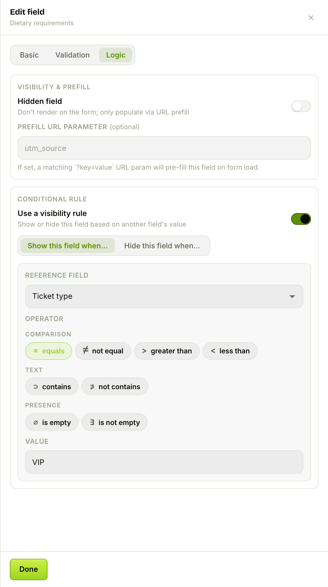 The Logic tab: a conditional visibility rule