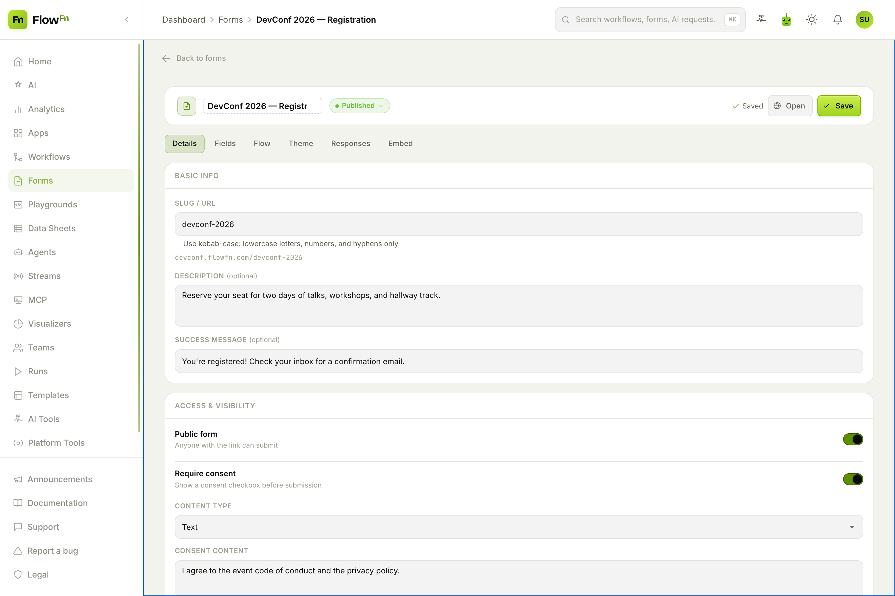 The Details tab: slug, access, and consent