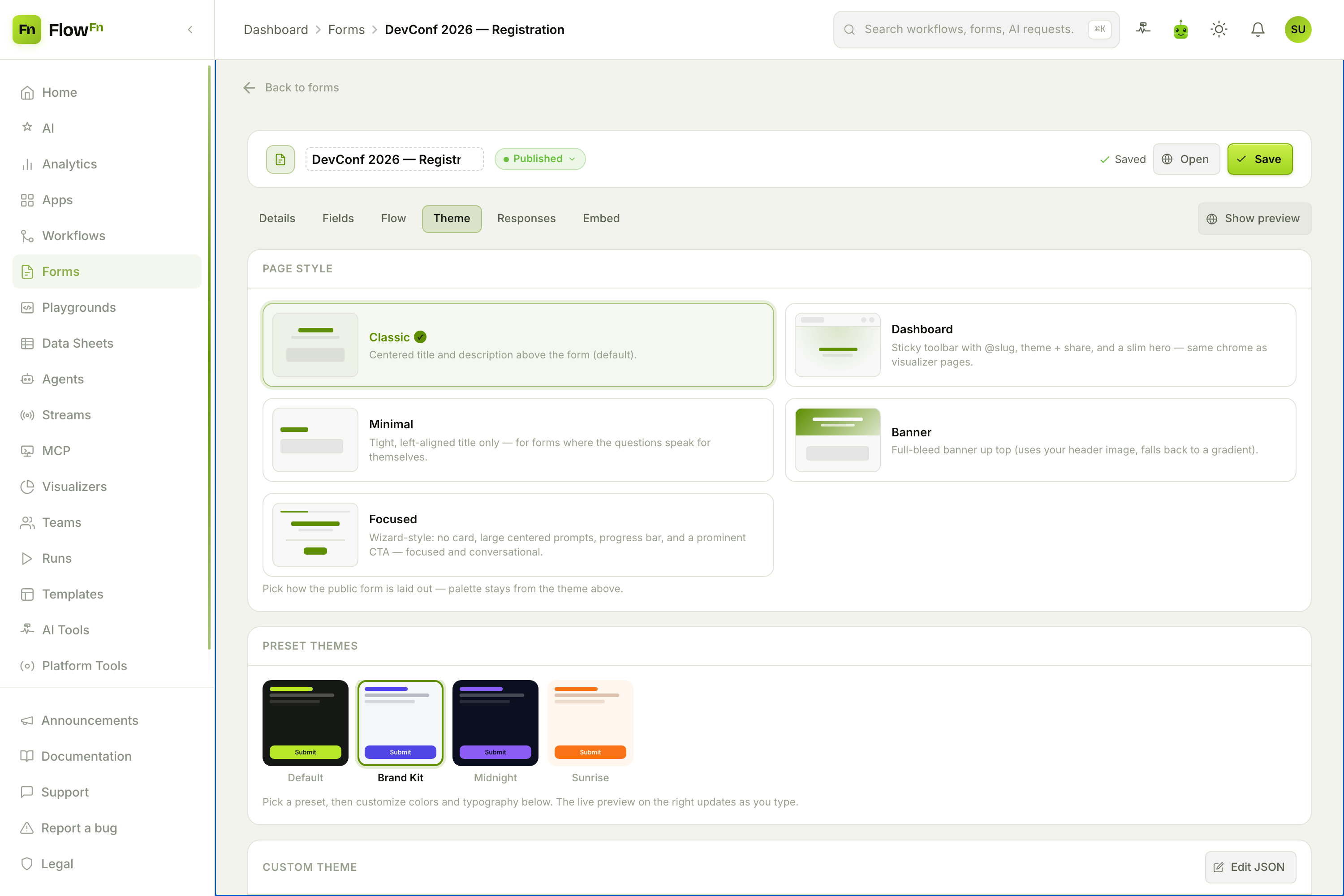 The Theme tab: page styles and preset themes
