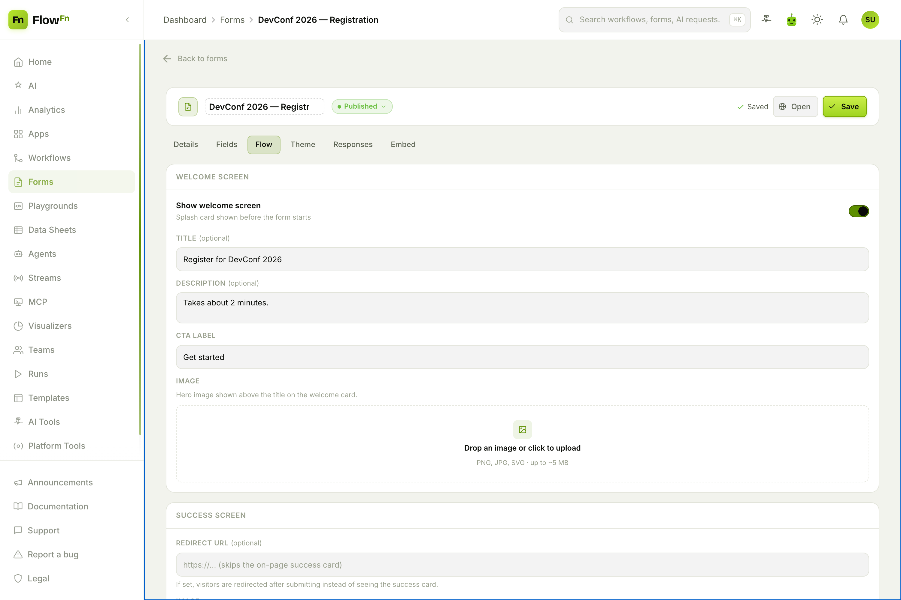 The Flow tab: welcome and success screens