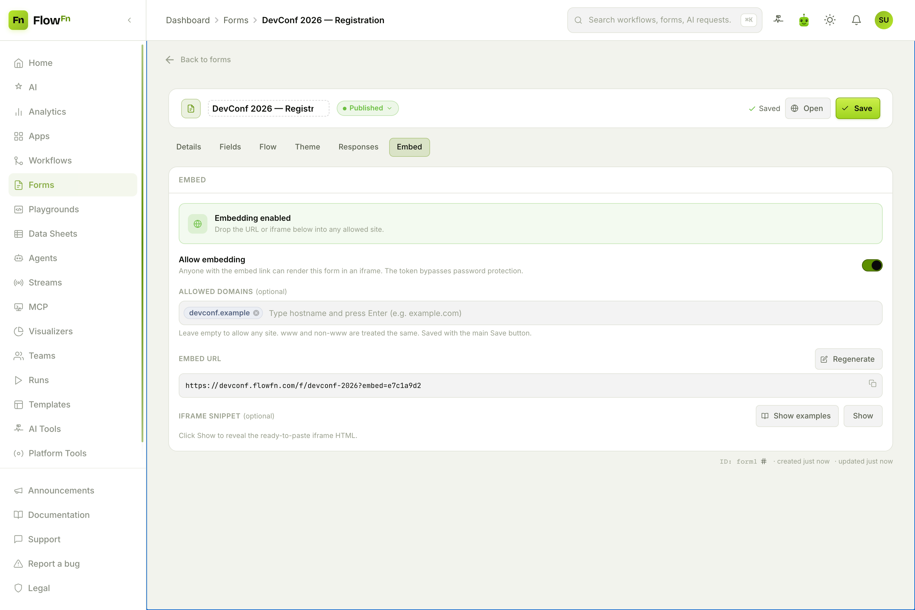 The Embed tab: token-protected iframe