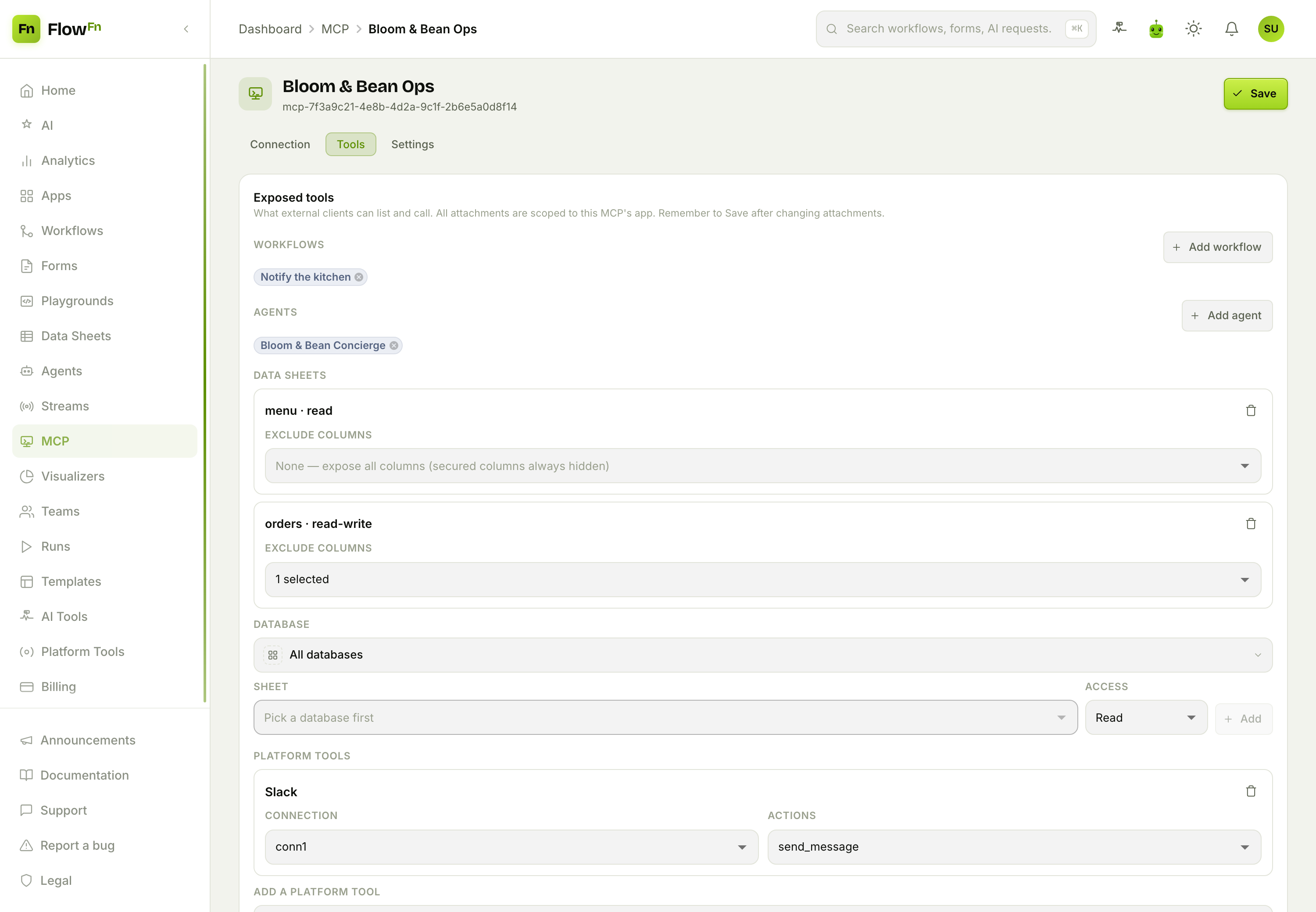 The Tools tab: attached workflows, agents, data sheets, and a platform tool