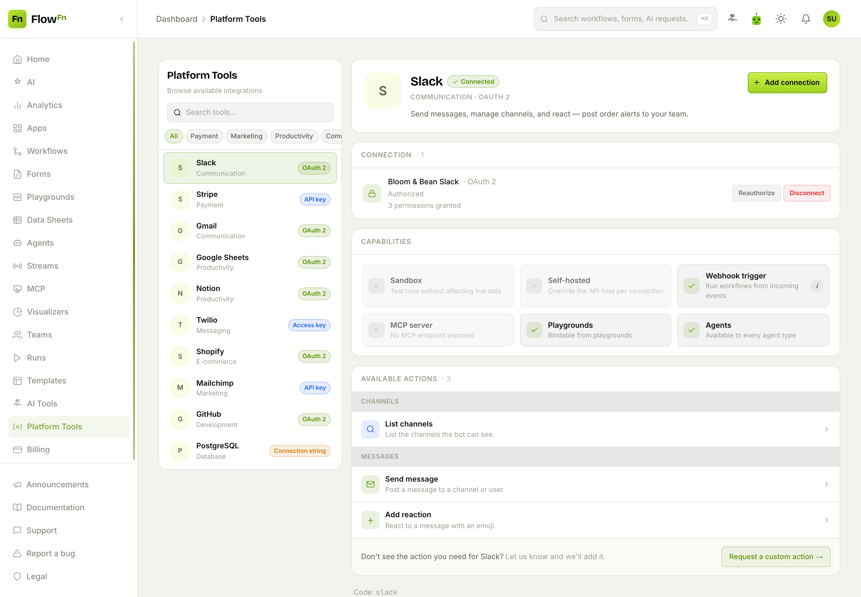 The Platform Tools catalog with Slack connected