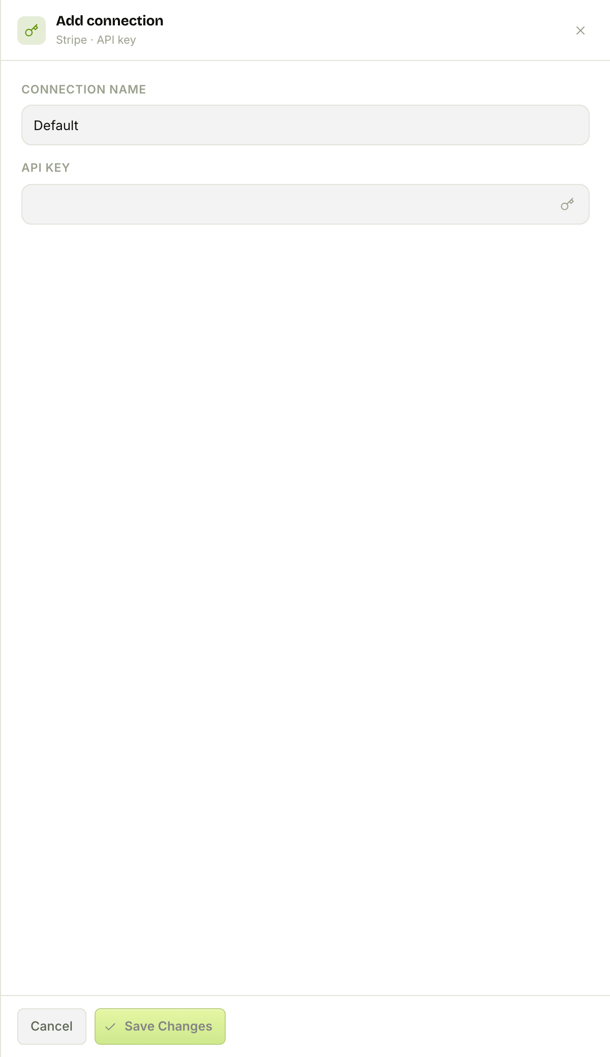 The Stripe connect drawer — connection name + API key