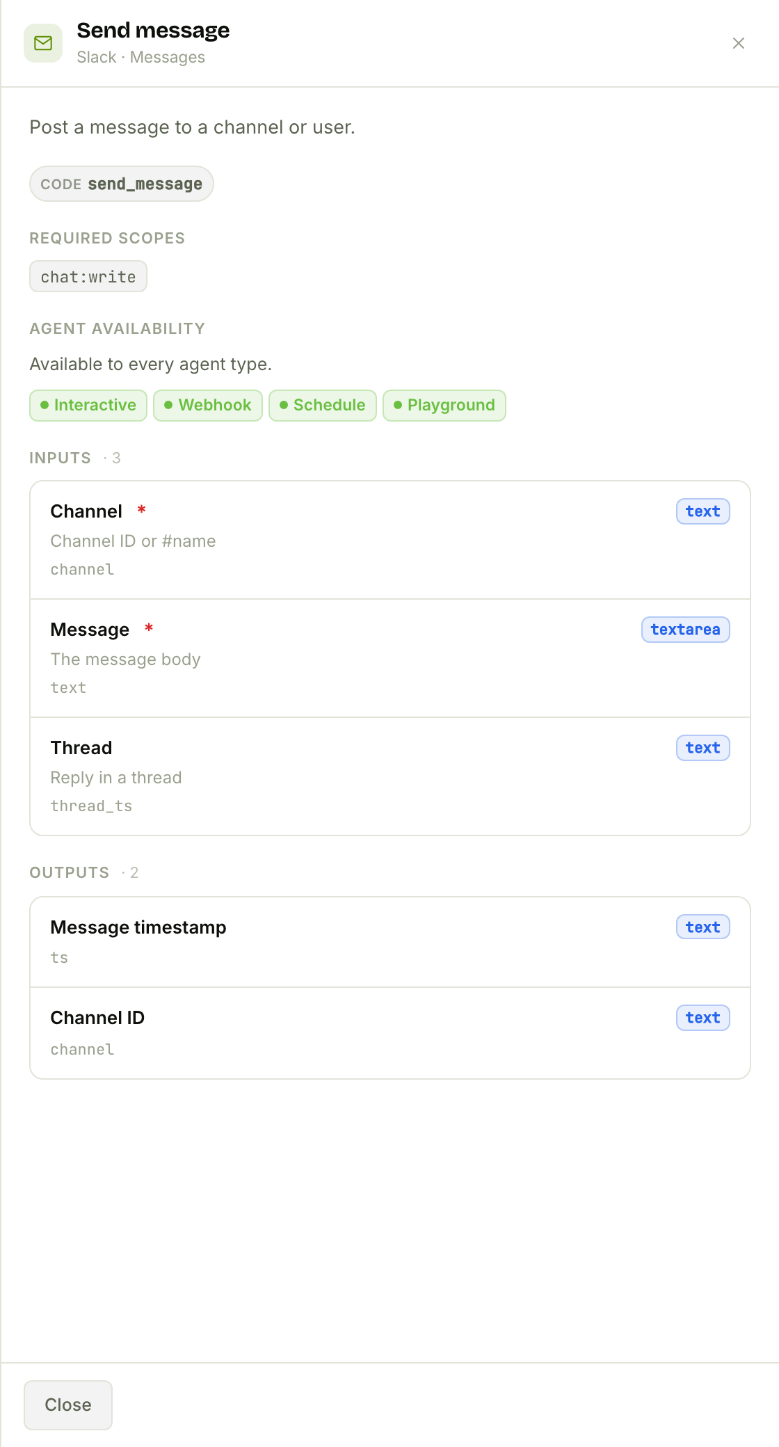 The Post Message action — inputs, outputs, scopes, and agent availability