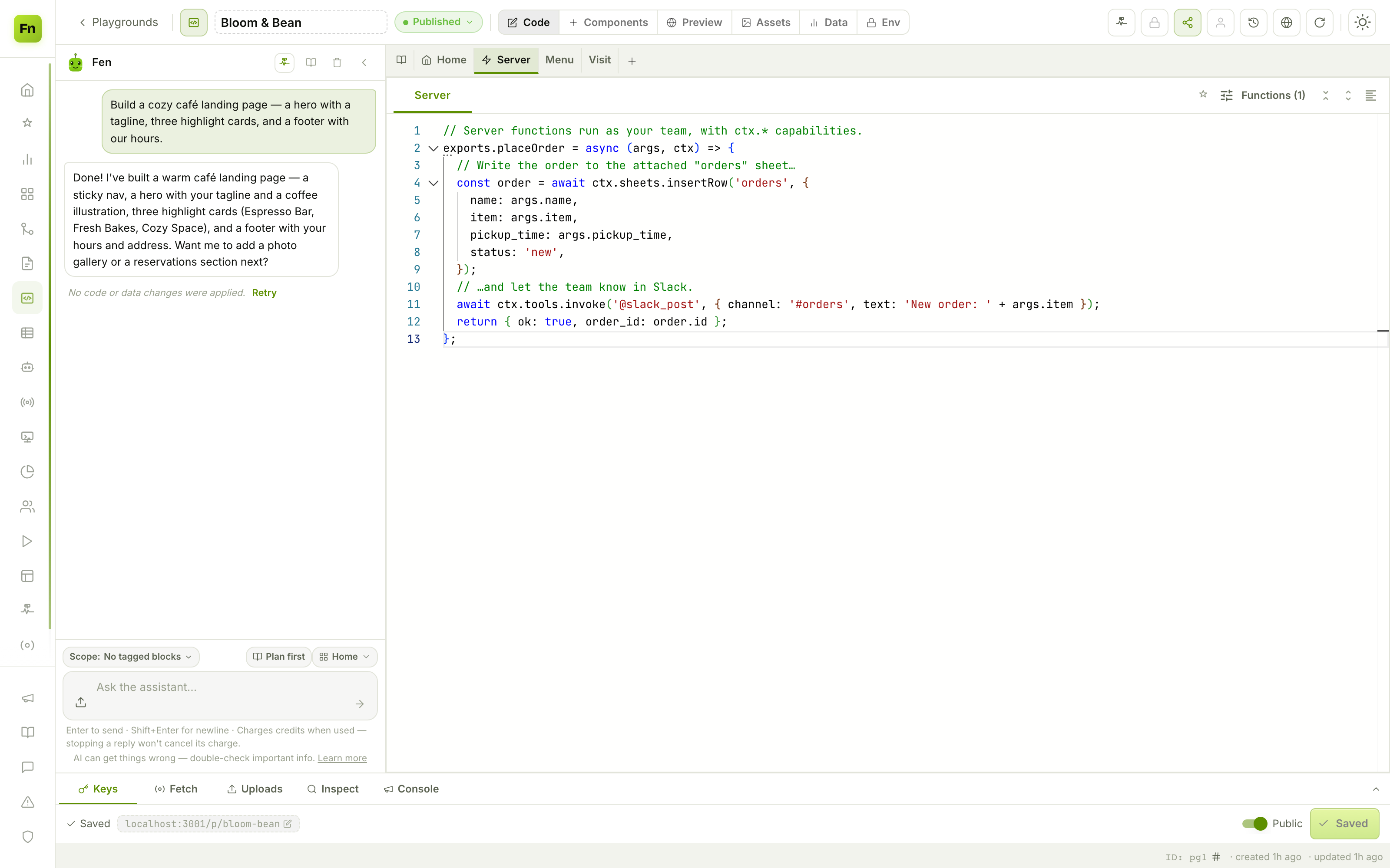The Server tab: a placeOrder function using ctx.sheets and ctx.tools