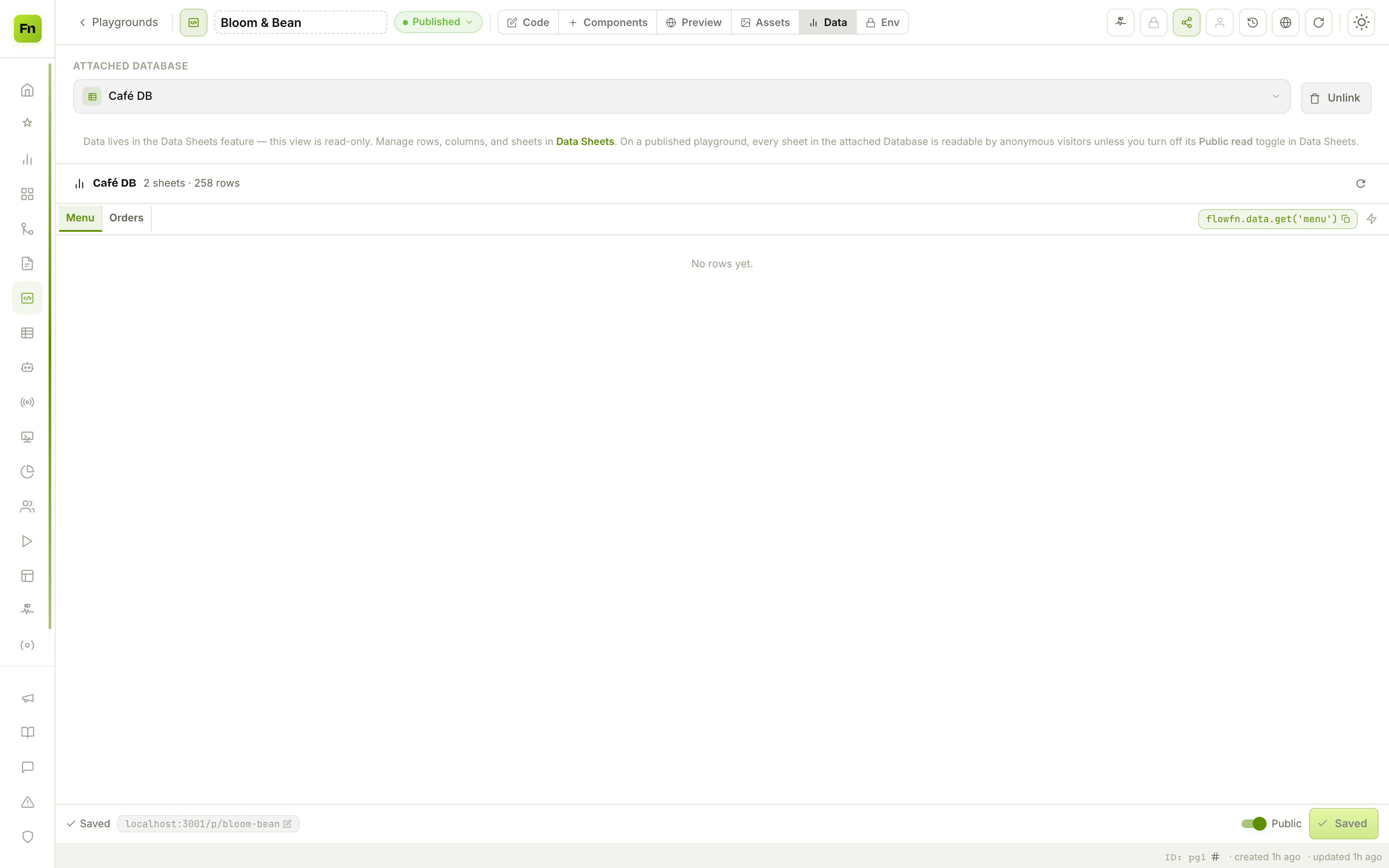 The Data tab: an attached Café DB with a flowfn.data snippet