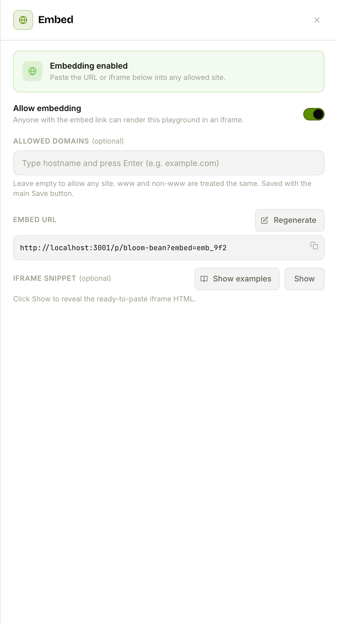 The Embed drawer: a token-protected iframe URL