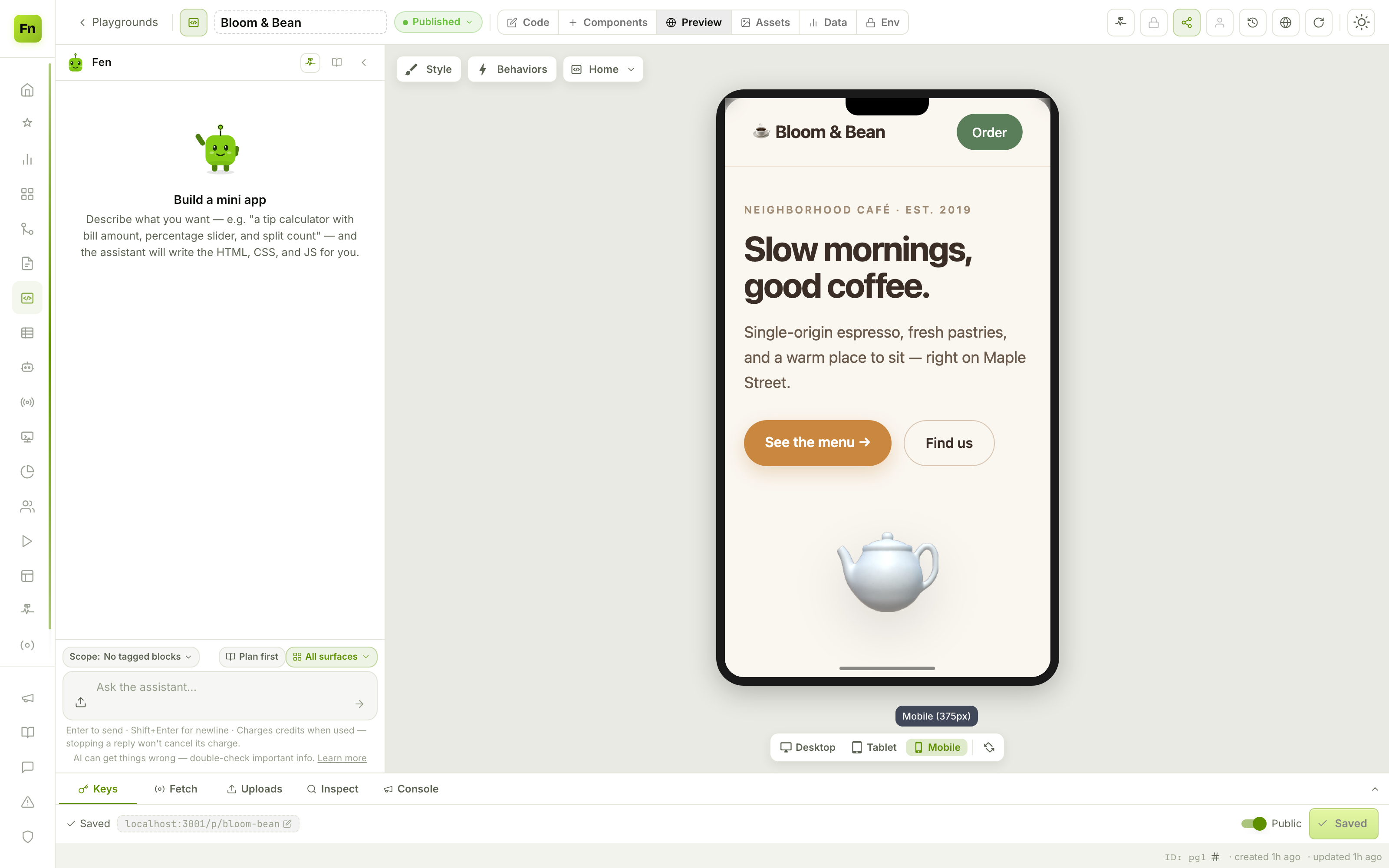 The café in a mobile device frame