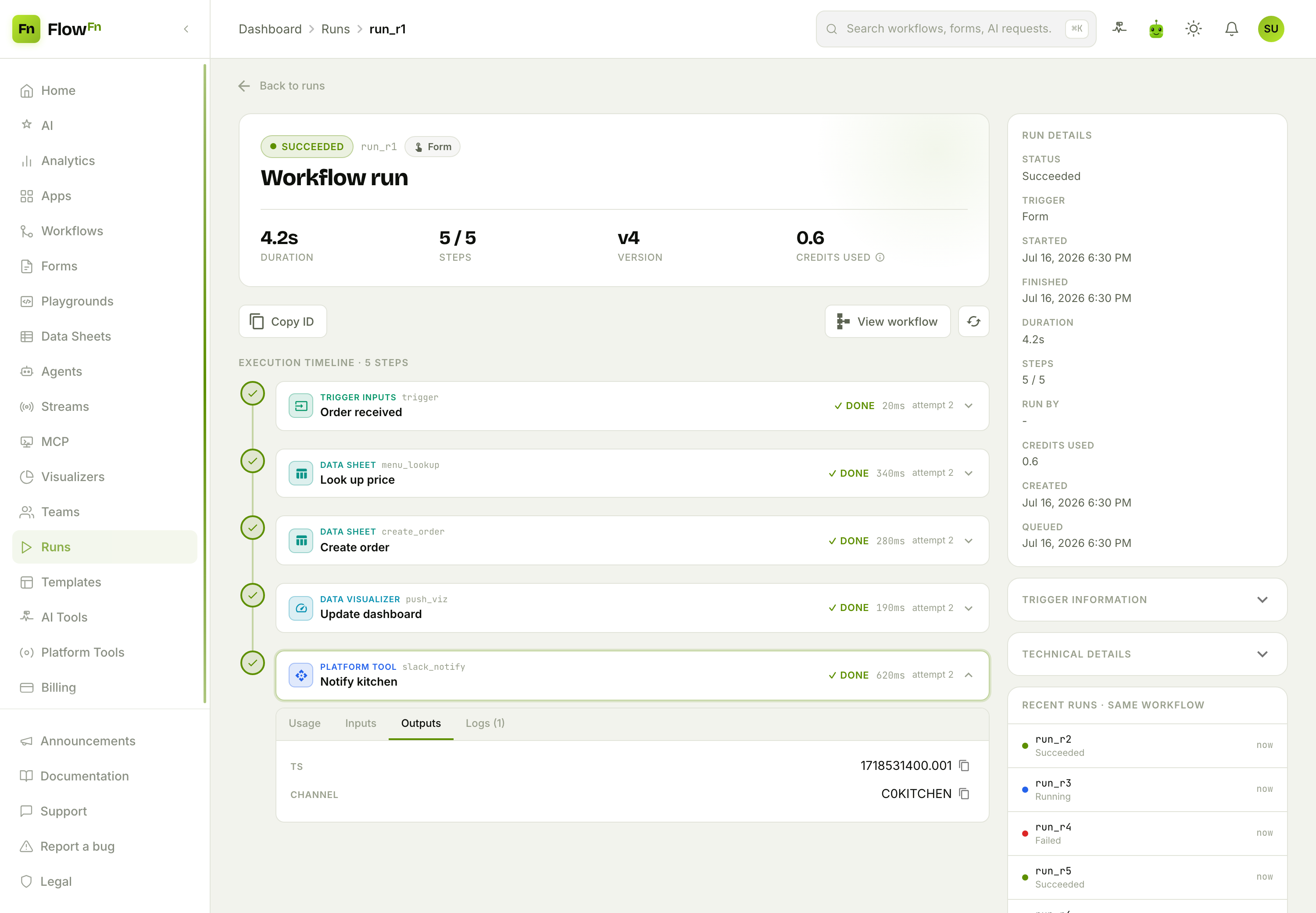 An expanded step showing the Usage / Inputs / Outputs / Logs tabs