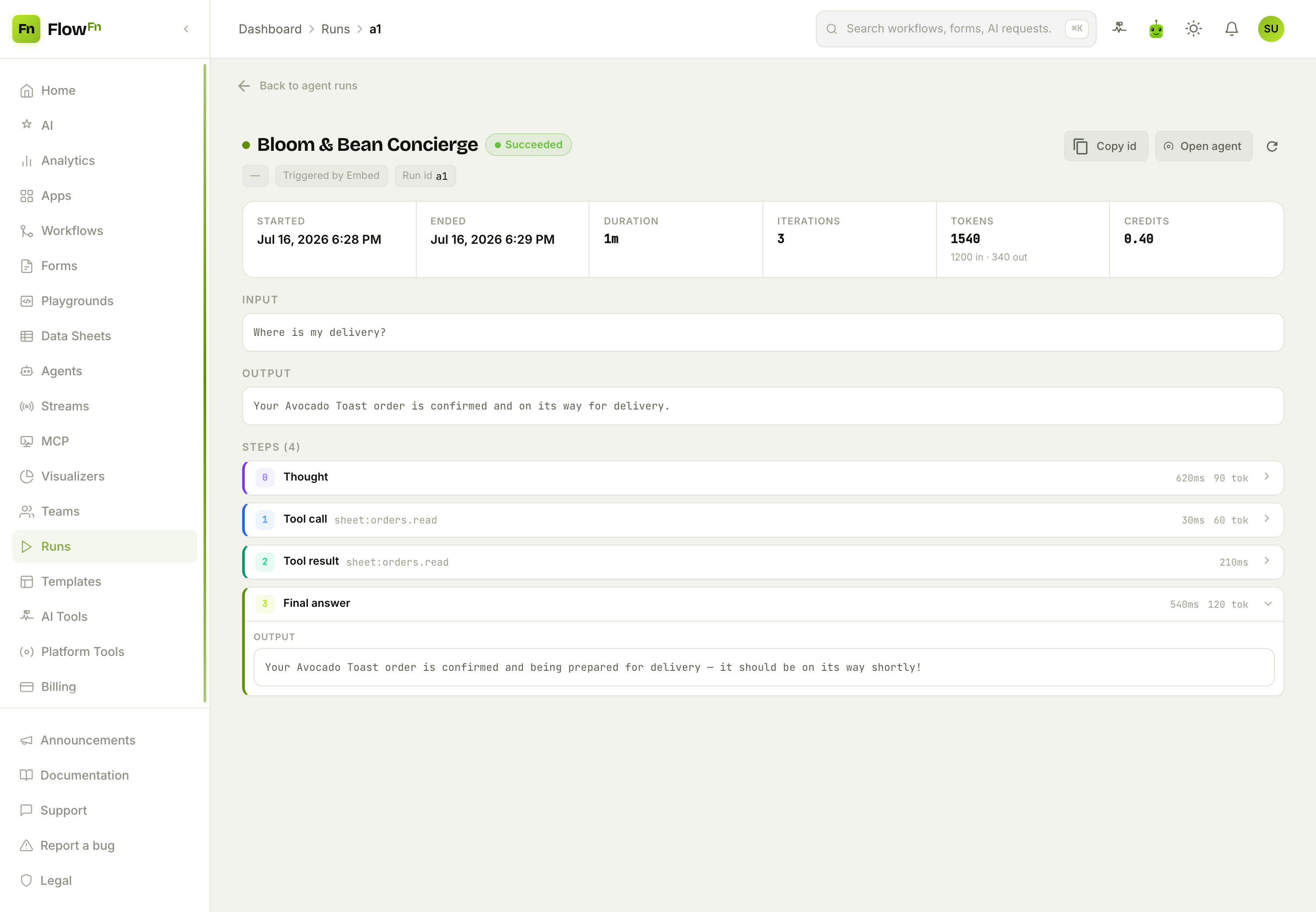 An agent run detail: stat cells and the thought → tool call → result → answer trail