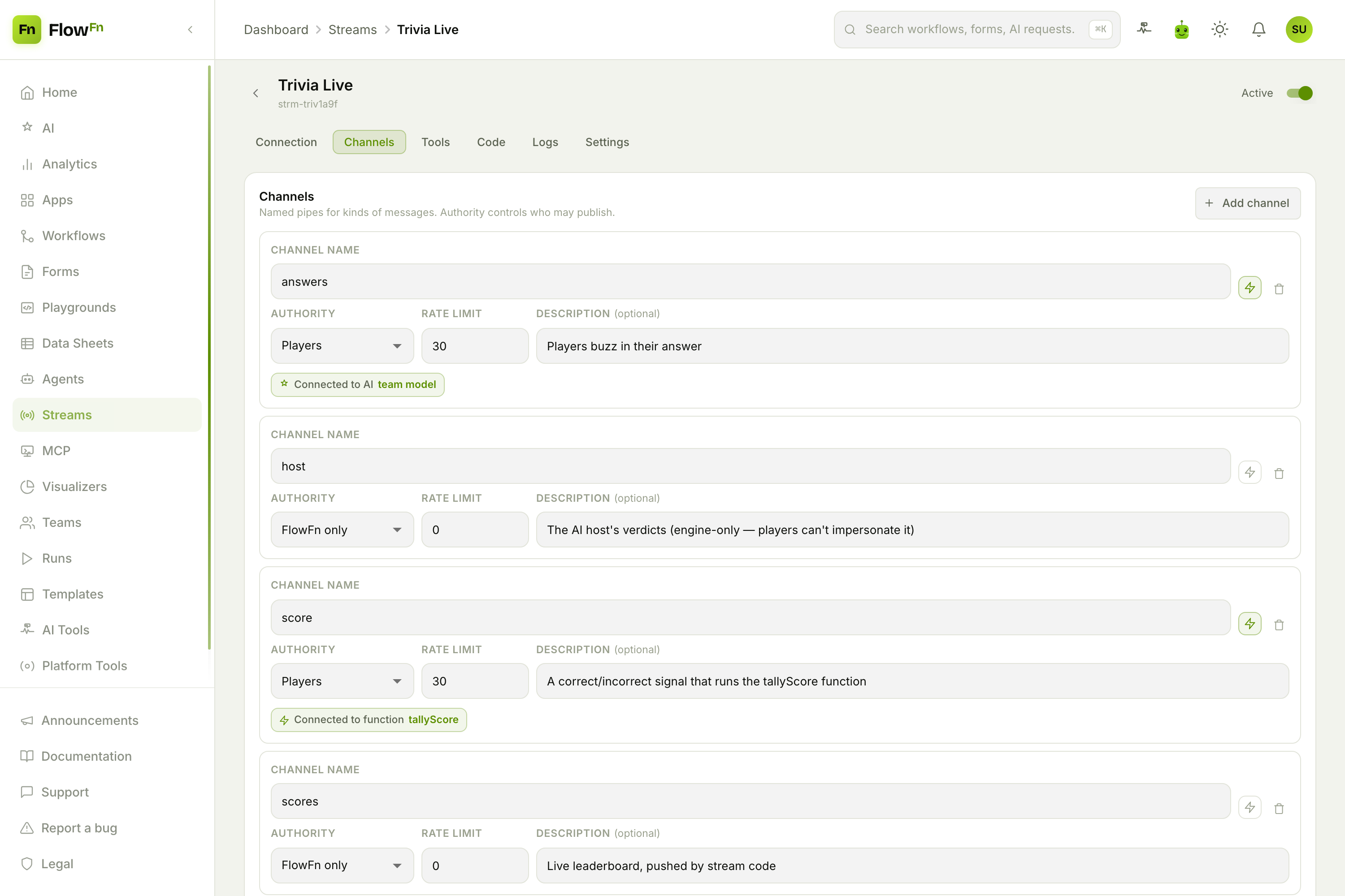 The Channels tab: named channels with authority and binding badges