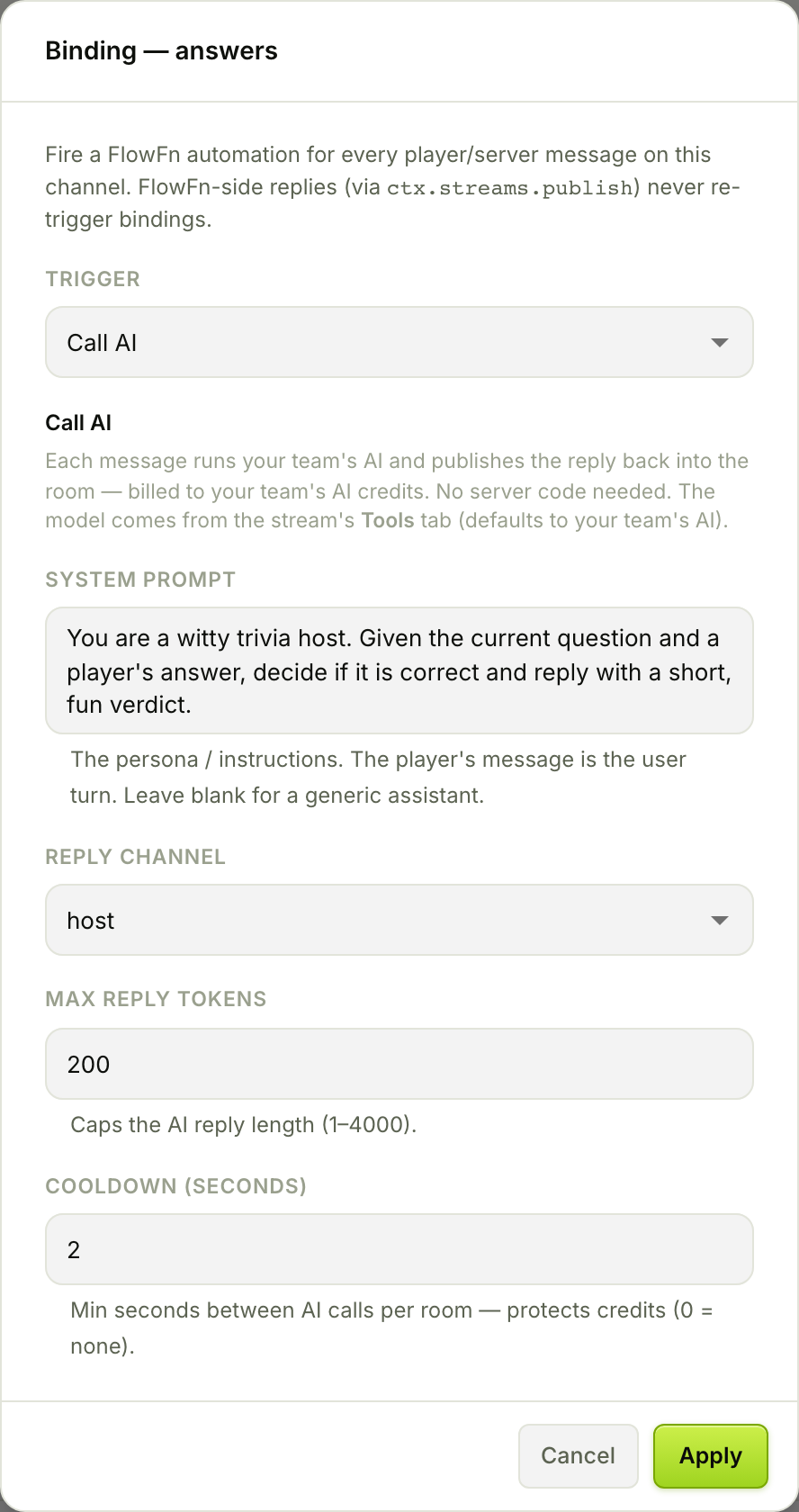 The channel binding dialog: the Call AI binding