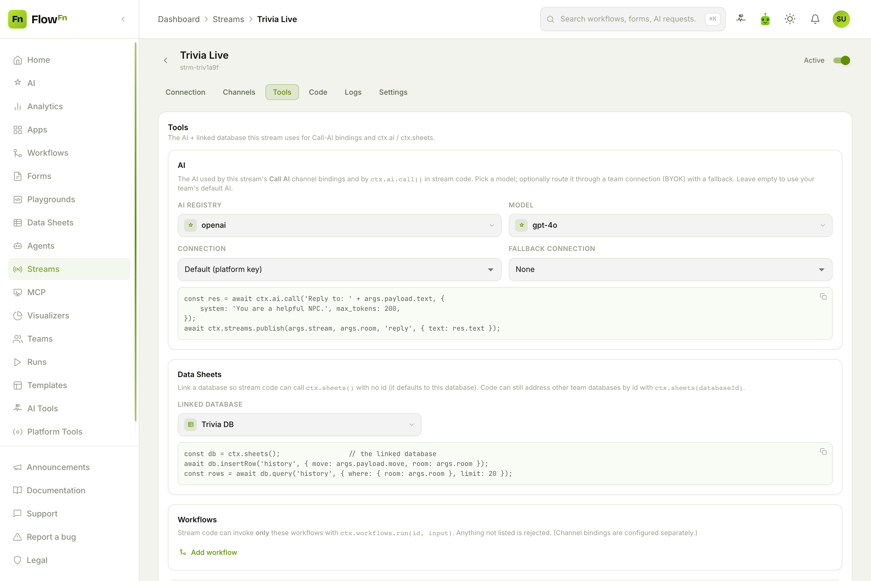 The Tools tab: the stream's AI model and linked database
