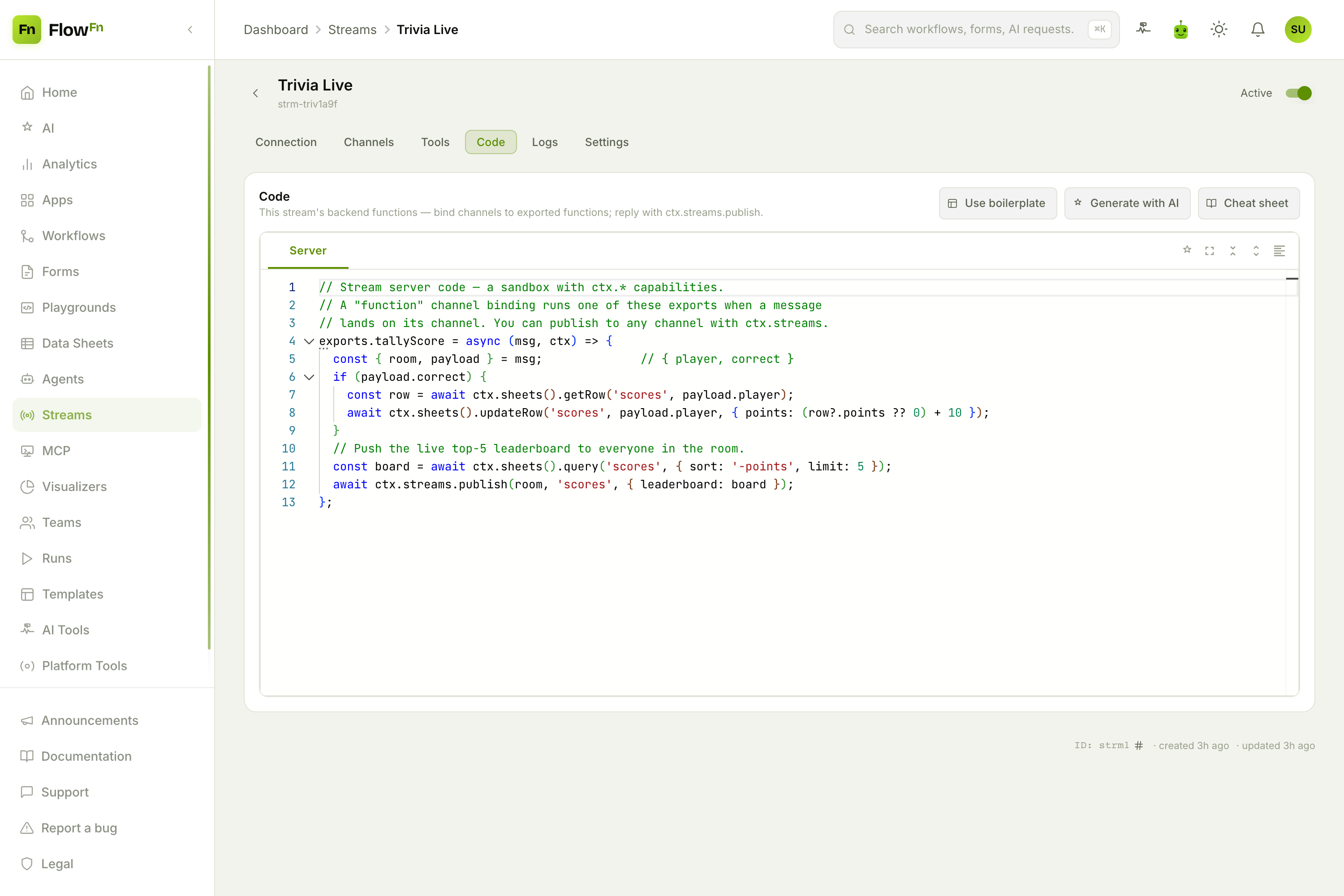 The Code tab: a tallyScore function using ctx.sheets and ctx.streams.publish