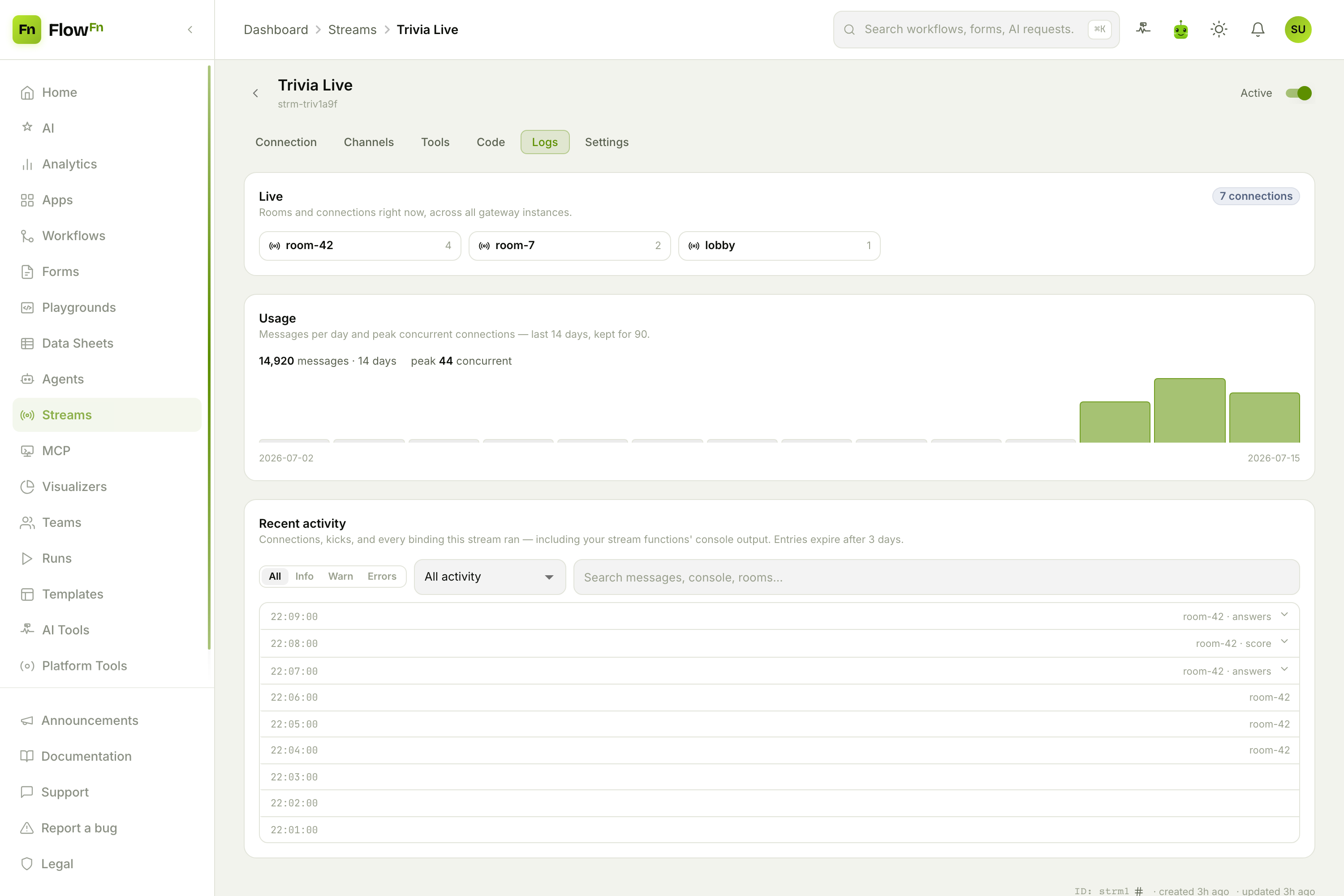 The Logs tab: live rooms, usage, and the realtime activity feed