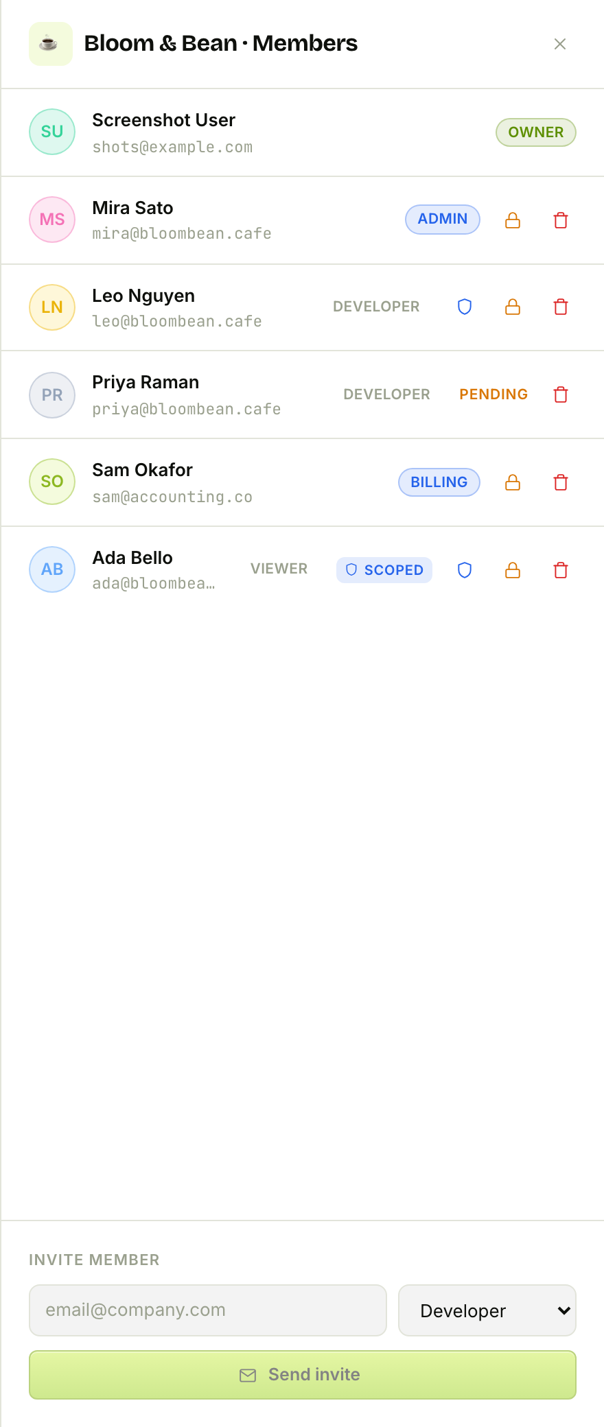 The Members drawer: roles, per-member actions, and the invite footer
