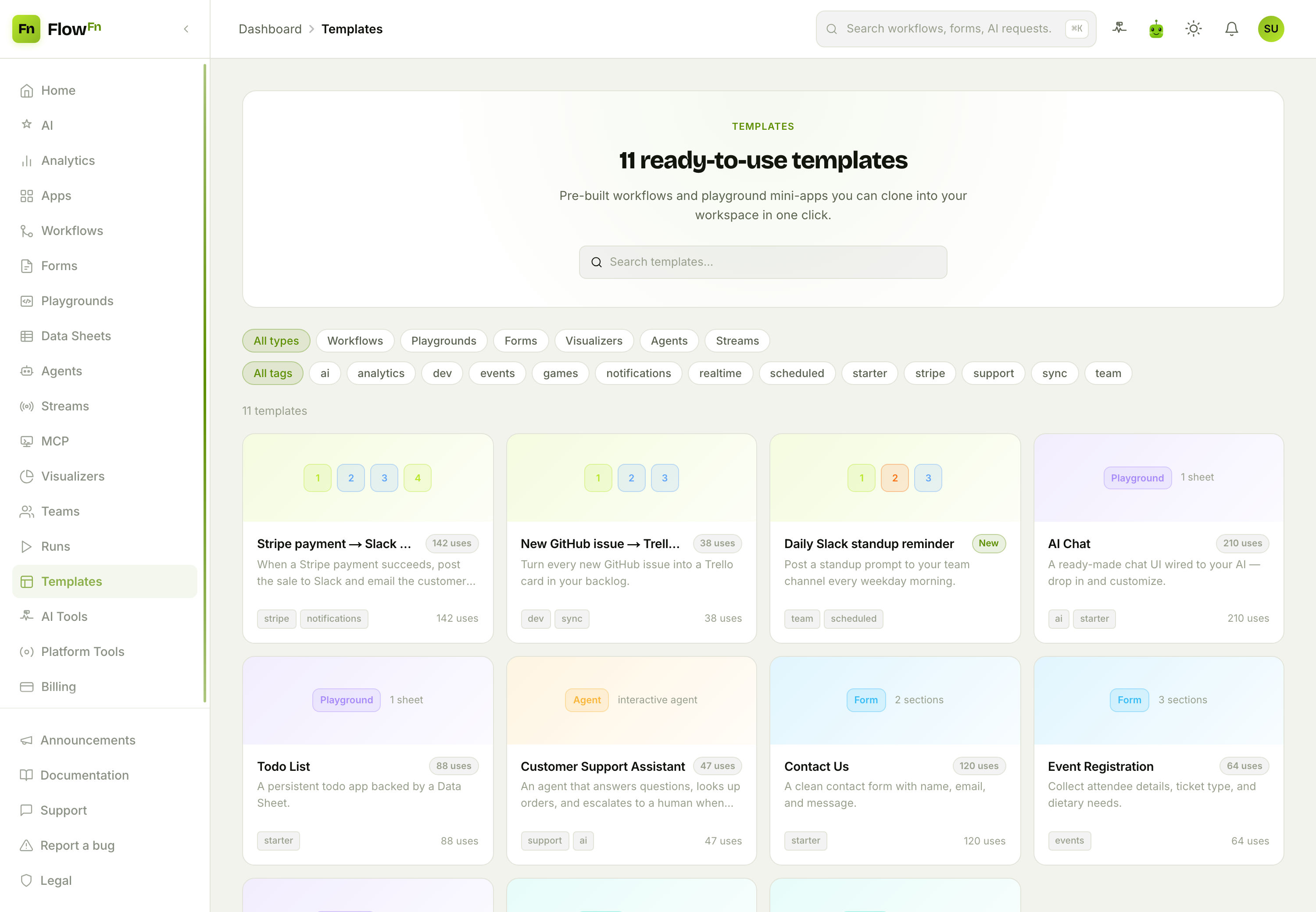 The Templates gallery: type filters, tags, and a grid of template cards