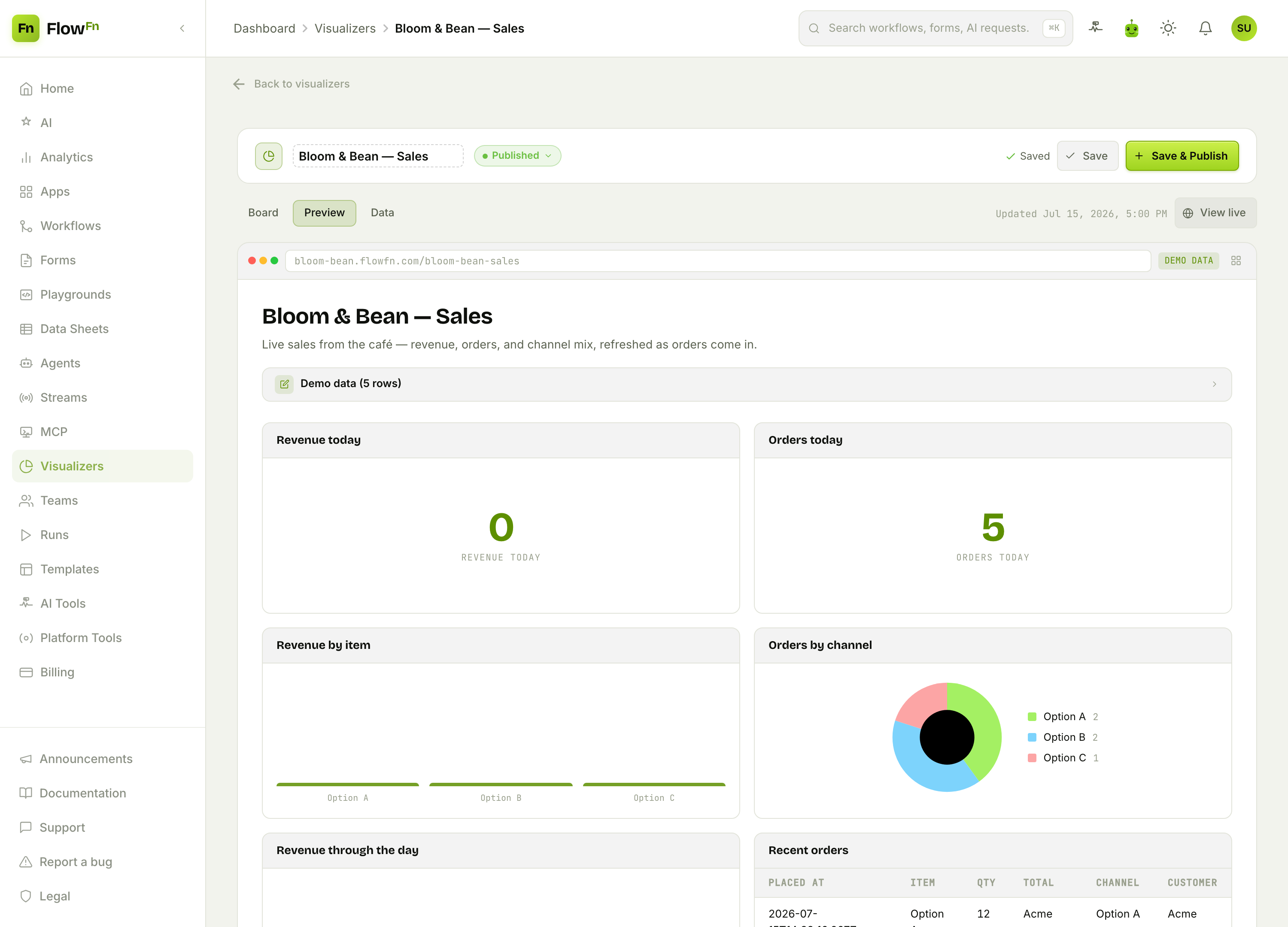 The Preview tab: the board rendered against editable demo data