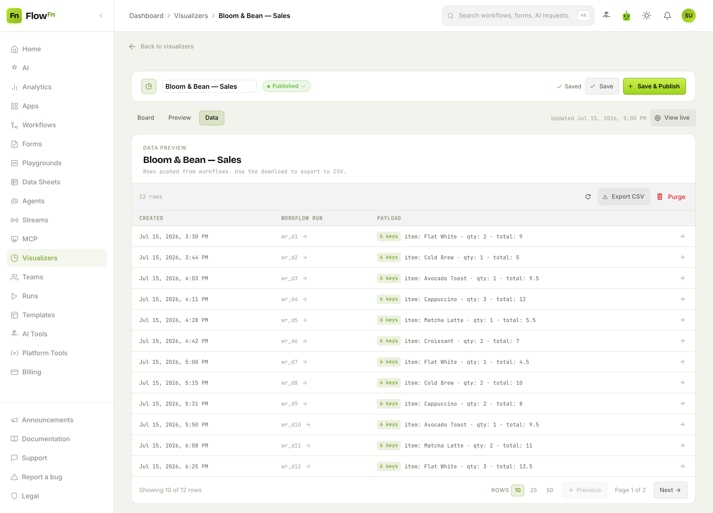 The Data tab: rows pushed by workflow runs, with export and purge