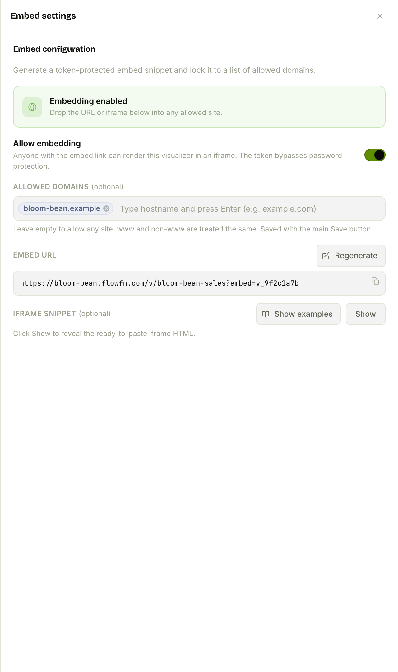 The Embed settings drawer: token URL, allowed domains, regenerate