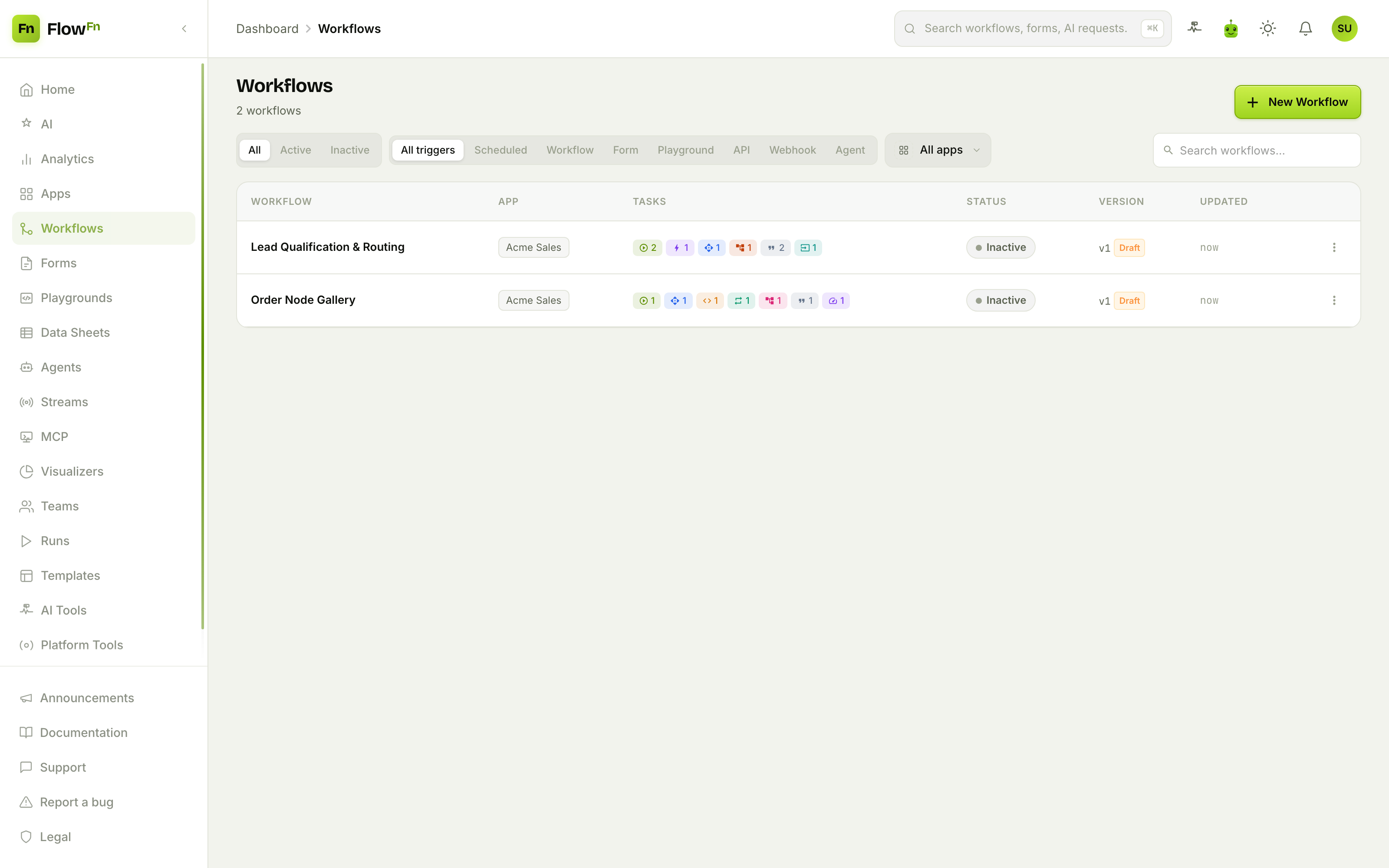 The FlowFn workflows list